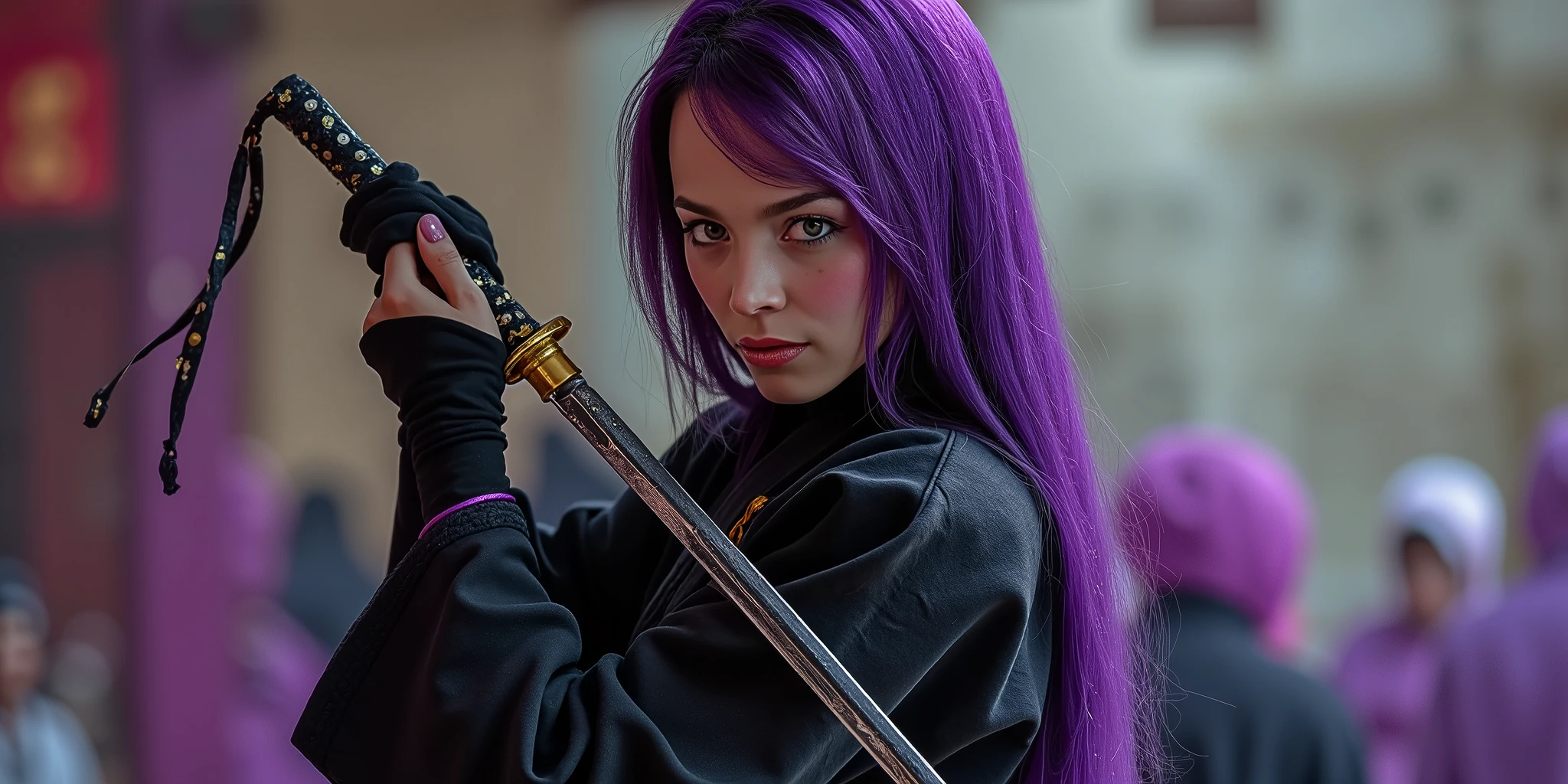 ultra high detail, vivid detail. Samurai Witch Hybrid In full karate Gi attire, in a striking pose with sword in hand. Mesh of Blacks, Golds and Dark Purples. Warrior’s Eyes, sharp stylish hair, full body shot at a slight angle.