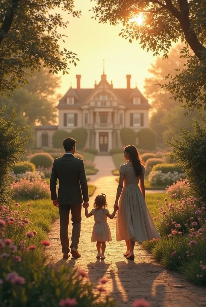 "Create a cinematic scene that portrays the essence of the psalm that speaks of goodness and mercy.. En el centro de la imagen, a sunlit path crosses a verdant field, symbolizing the journey of life. On the right, A person walks serenely, with a countenance of peace and hope, while on the left, a child's figure plays, representing innocence and joy. No fundo, a majestic classic-style house rises under a clear blue sky, surrounded by leafy trees, symbolizing the 'house of the Lord'. Soft light and warm tones should dominate the scene, conveying a sense of welcome and tranquility, emphasizing the promise that goodness and mercy will always accompany us."