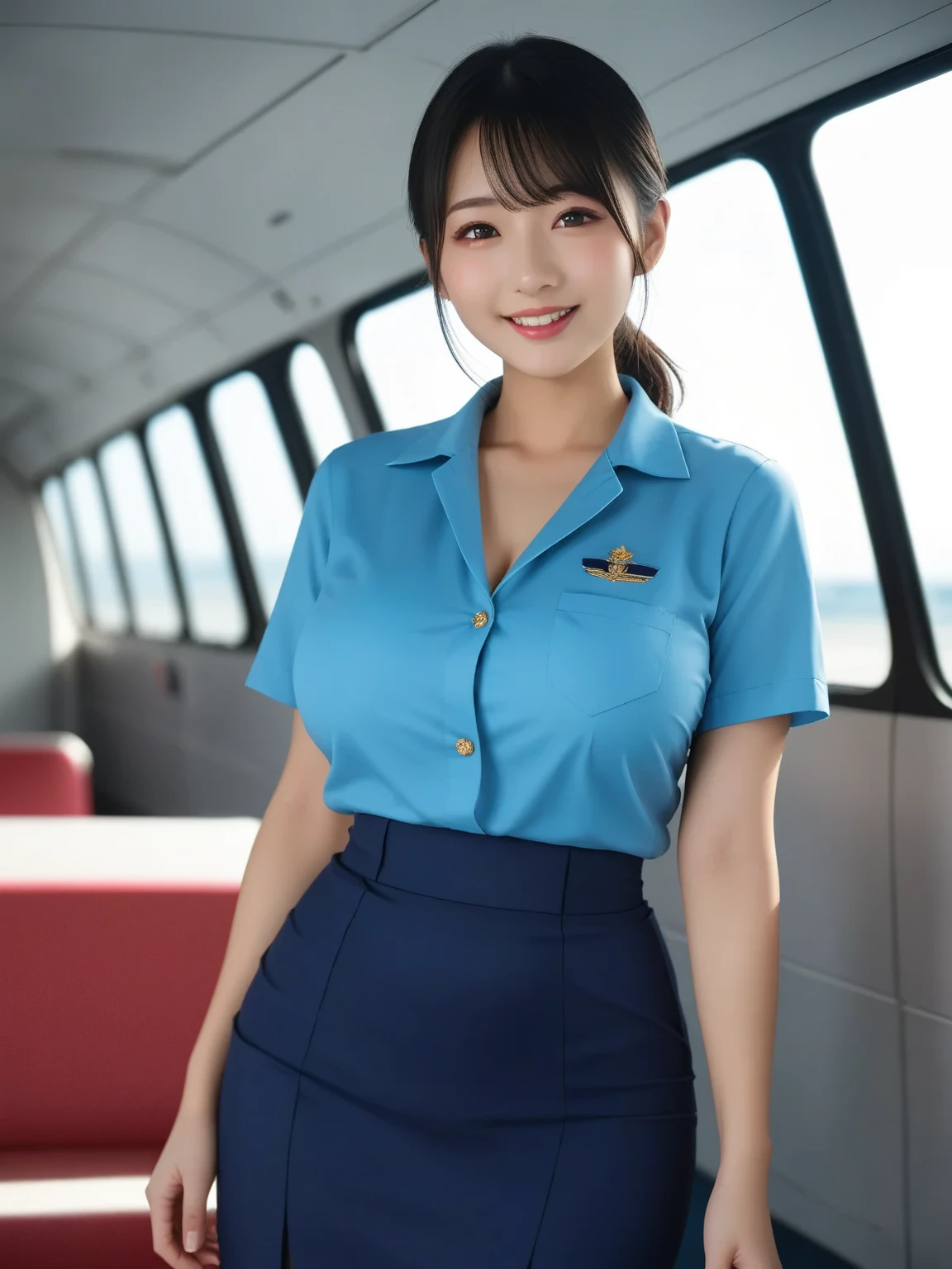 (8K, best quality, masterpiece:1.2), (realistic, photo-realistic:1.37), (high color saturation:1.0), (highly detailed skin), (highest quality:1.0), (ultra high resolution:1.0) ,(realistic:1.0), (Super detailed:1.0), (8K, Raw photo:1.1), (smiling:1.3), natural breast, perfect lighting, 3girls, 24years old, (mysterious), clear and detailed, ((ANA_Cabin Crew, blue flight attendant_uniform)), black pantyhose, (aircraft, aircraft seats), cute face, mini skirt, panties, nsfw, ((skirt lift)), sitting seat,