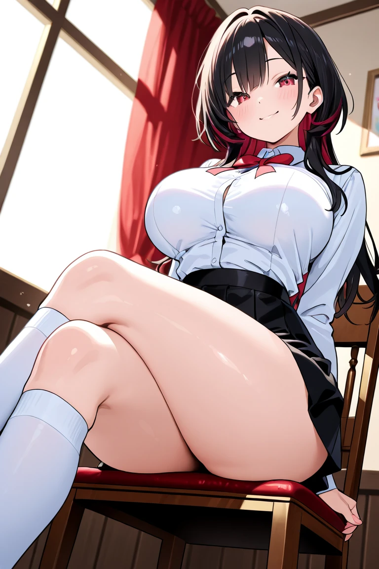 high school girl、Spread panties with both hands、Plump thighs、Best image quality、High resolution、masterpiece、super high quality、Brown bra、Brown panties、とてもBig Ass、Blushing、4K quality、Thick thighs、Big Ass、Blushed、Big Breasts、Proud face、Wearing black knee socks、Sticking out tongue