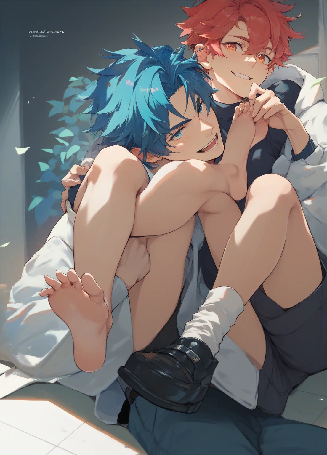 Emo anime boy, pale skin, blue hair, sitting on bed, barefoot, nice feet, aesthetic feet, TEACHING THE SOLES OF THE FEET, A dark-skinned boy licks his feet, tongue on feet