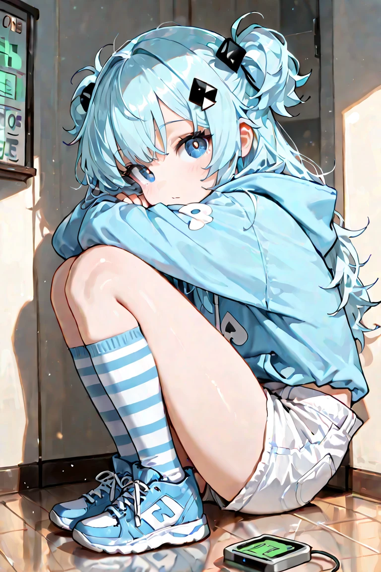 (masterpiece,best quality:1.2),Alone,cute girl\(okmc,pulse oximeter,Japanese rice ball shaped motif hairpin,light blue hair, medium long hair, fluffy hair, big eyes ,blue eyes, no nose , small mouth,Blue shoes\), close \(light blue hoodie, white short pants ,Blue and White Striped Knee High Socks\), back view、Onigiri Mark、is ding、Fun illustrations、Ultra-Details