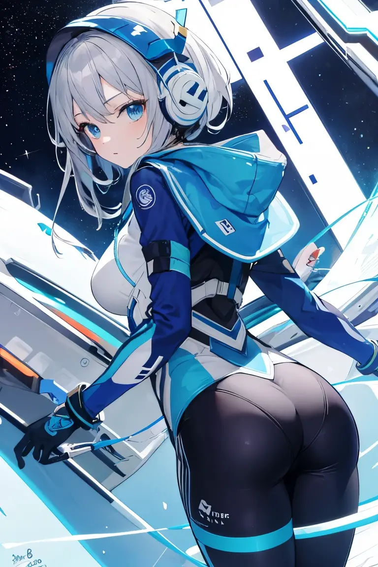 ((best quality)), ((masterpiece)), (detailed), cute 27 year old anime girl, wearing tight grey and blue space suit. Looking back at me. Holding helmet