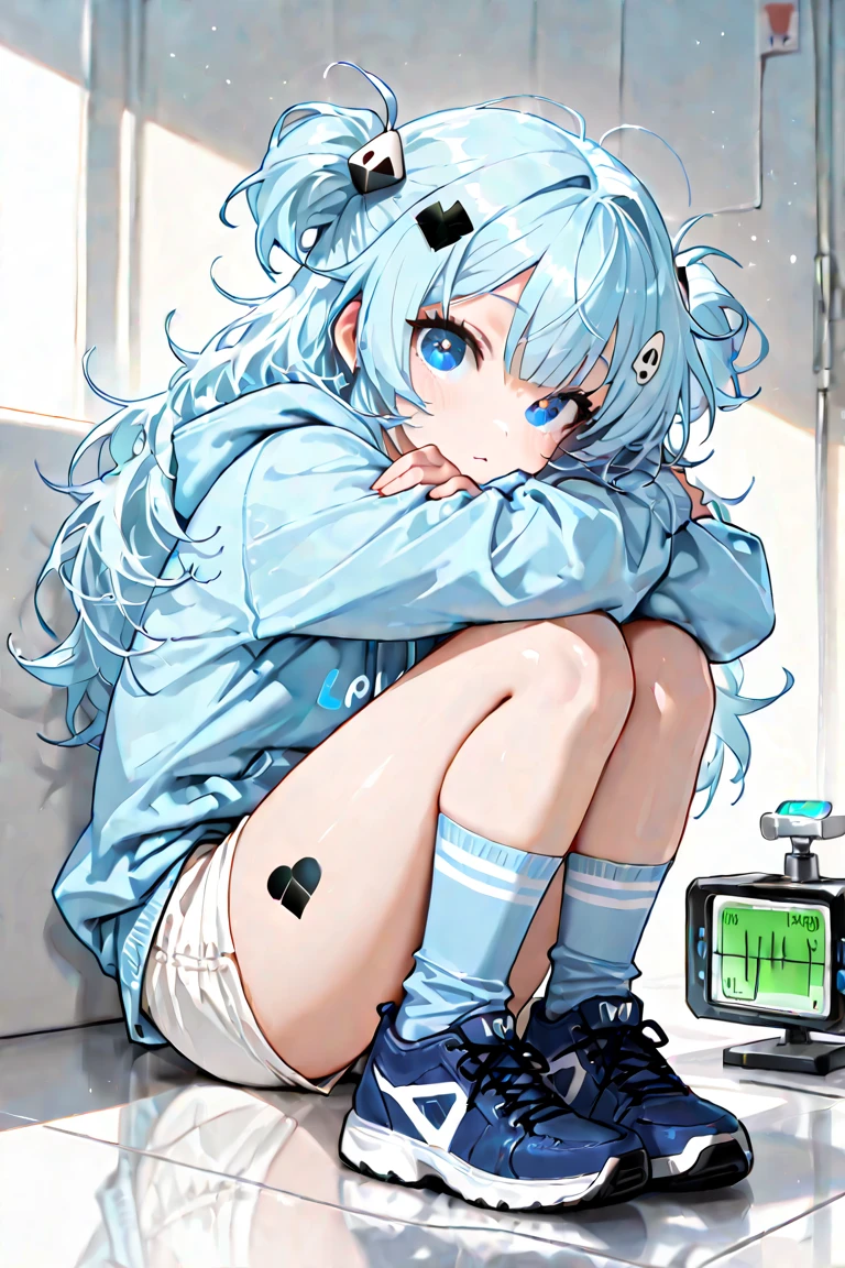 (masterpiece,best quality:1.2),Alone,cute girl\(okmc,pulse oximeter,Japanese rice ball shaped motif hairpin,light blue hair, medium long hair, fluffy hair, big eyes ,blue eyes, no nose , small mouth,Blue shoes\), close \(light blue hoodie, white short pants ,Blue and White Striped Knee High Socks\), back view、Onigiri Mark、is ding、Fun illustrations、Ultra-Details