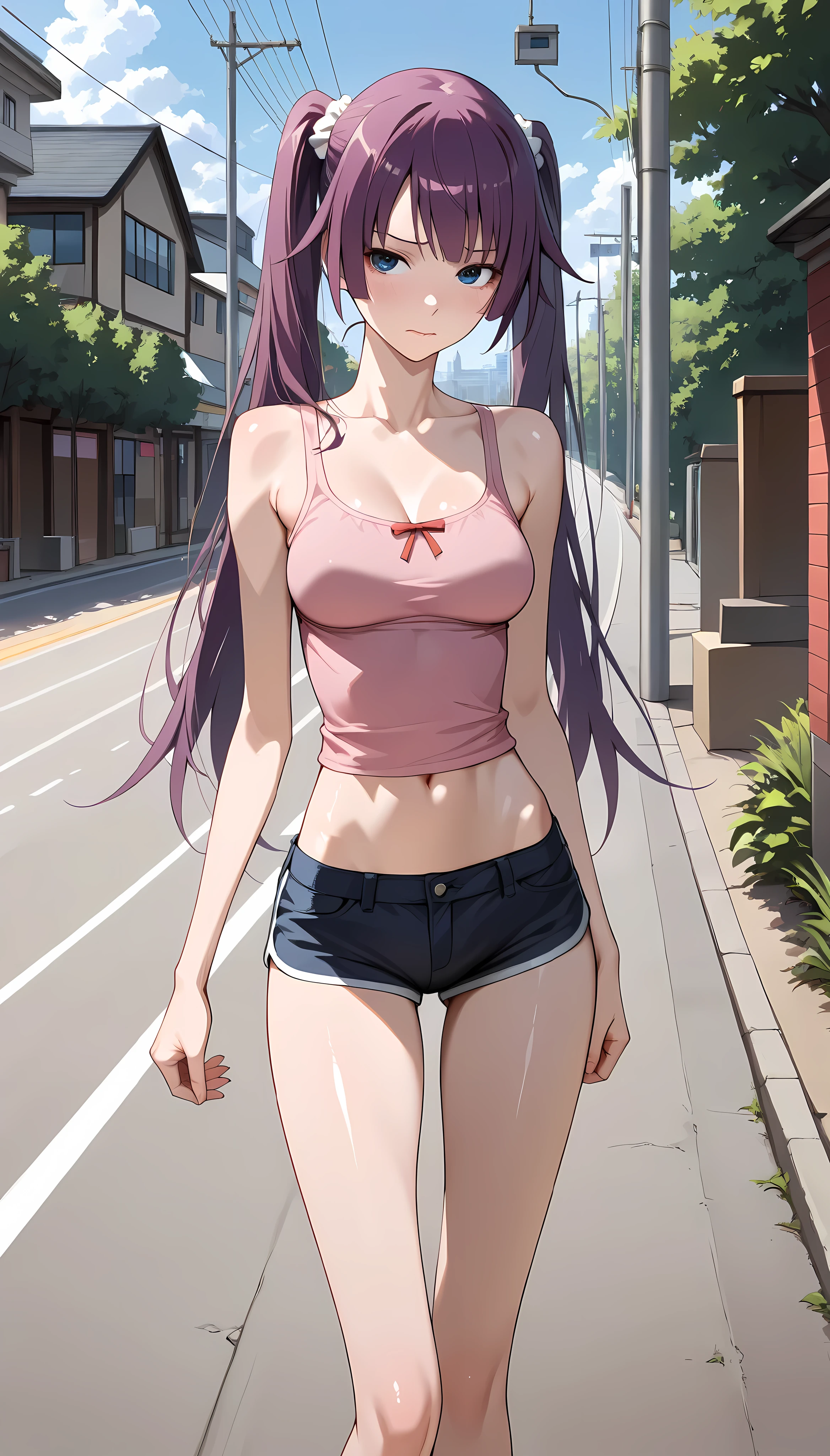 (masterpiece,best quality:1.2,amazing quality,very aesthetic,absurdres,newest,realistic),official style,(Senjougahara Hitagi),bakemonogatari,1woman,(adult:1.2),(very small head:1.2),(ideal ratio body proportions:1.2,slender body:1.2,skinny:1.2),medium breasts,twintails,long hair,shy,shiny skin,(pink tanktop), midriff,blue micro shorts,on road,daytime,