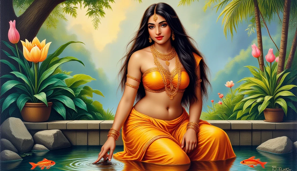 ((( by artist Raja Ravi Varma ))), Nair Lady taking bath in a water falls, see through dress, licking lips, (big boobs:1.2), deep cleavage, wearing thin red lace see-through, red lips, seductive gaze, posing provocatively, innocently, make love with girl real photo volumetric lighting, photo-realistic, ultra detailed, best quality, Realistic, 8K, ultra-detailed, Unreal Engine, midjourney art style