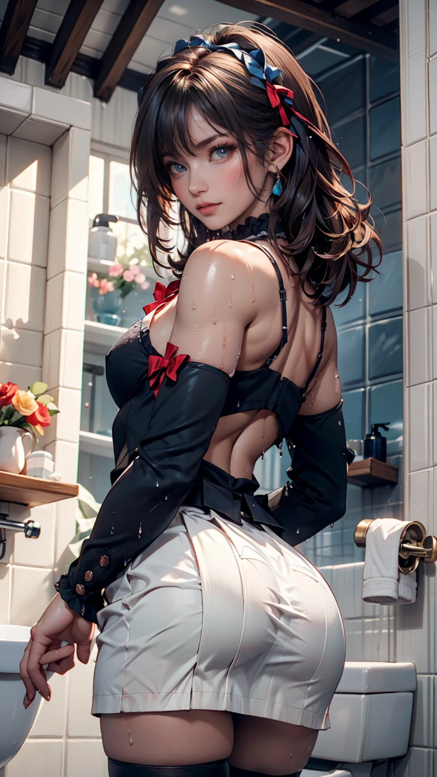 (huge ass) Beautiful adult woman wearing red and black frilly saloon girl costume, skinny, slim and thick, small waist, 8K, Karabet, brothel, UHD, (Booty that emphasizes curvaceous beauty)