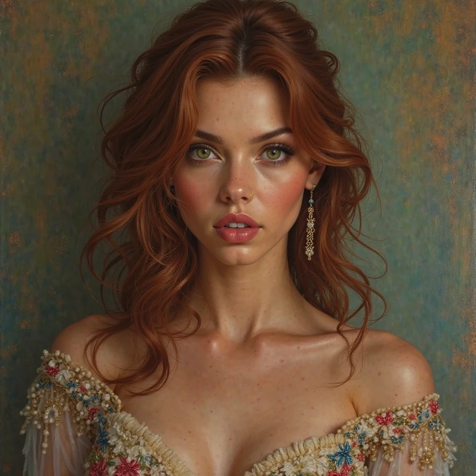(((Masterpiece))), 25-year-old Caucasian French girl with shoulder-length messy red hair, adorned with , blooming hair akin to a royal . Captured in the best quality, this illustration serves as a 4K wallpaper, a mask from movie "scary"
