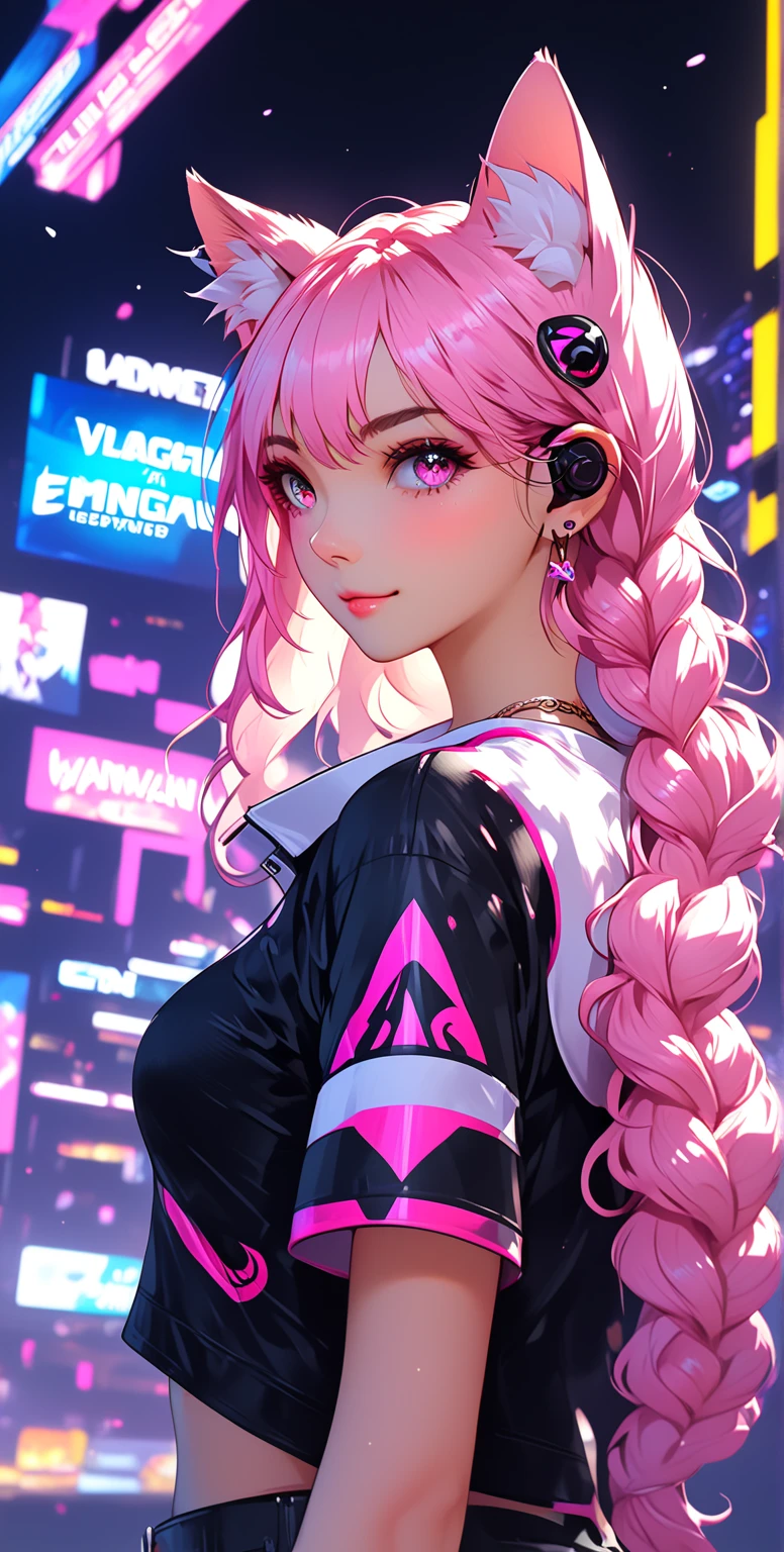 sexy anime 1girl, headphone, glowing skin, beautiful background, beautiful sky, aesthetic, vanilla, night, cleavage, Tokyo city, synth-wave, big boobs, Pink hair, heart-shaped eyes
