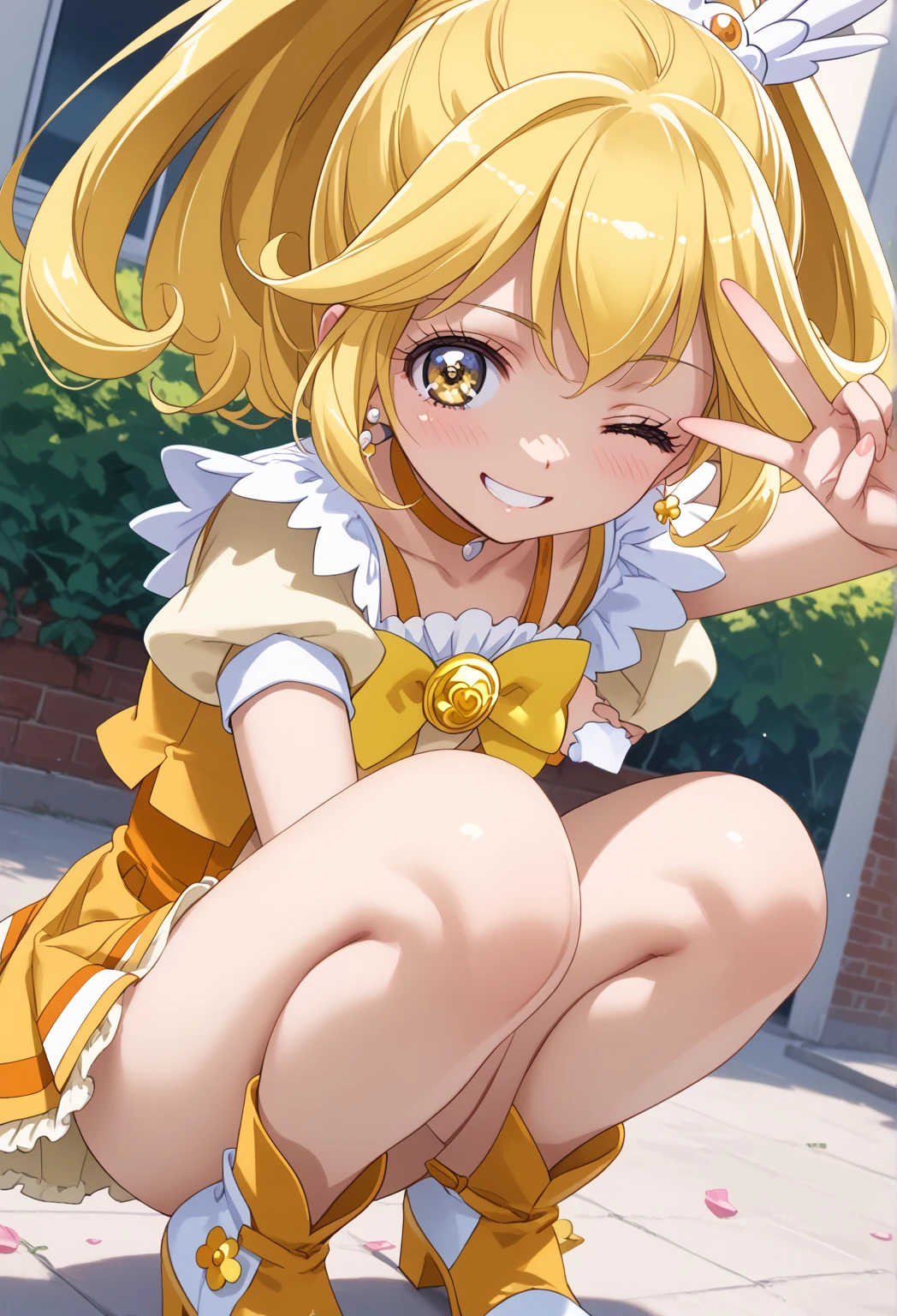 {{{downblouse}}},all fours,On all fours,{{{medium breasts}}},whole body,yellow hair,cure peace