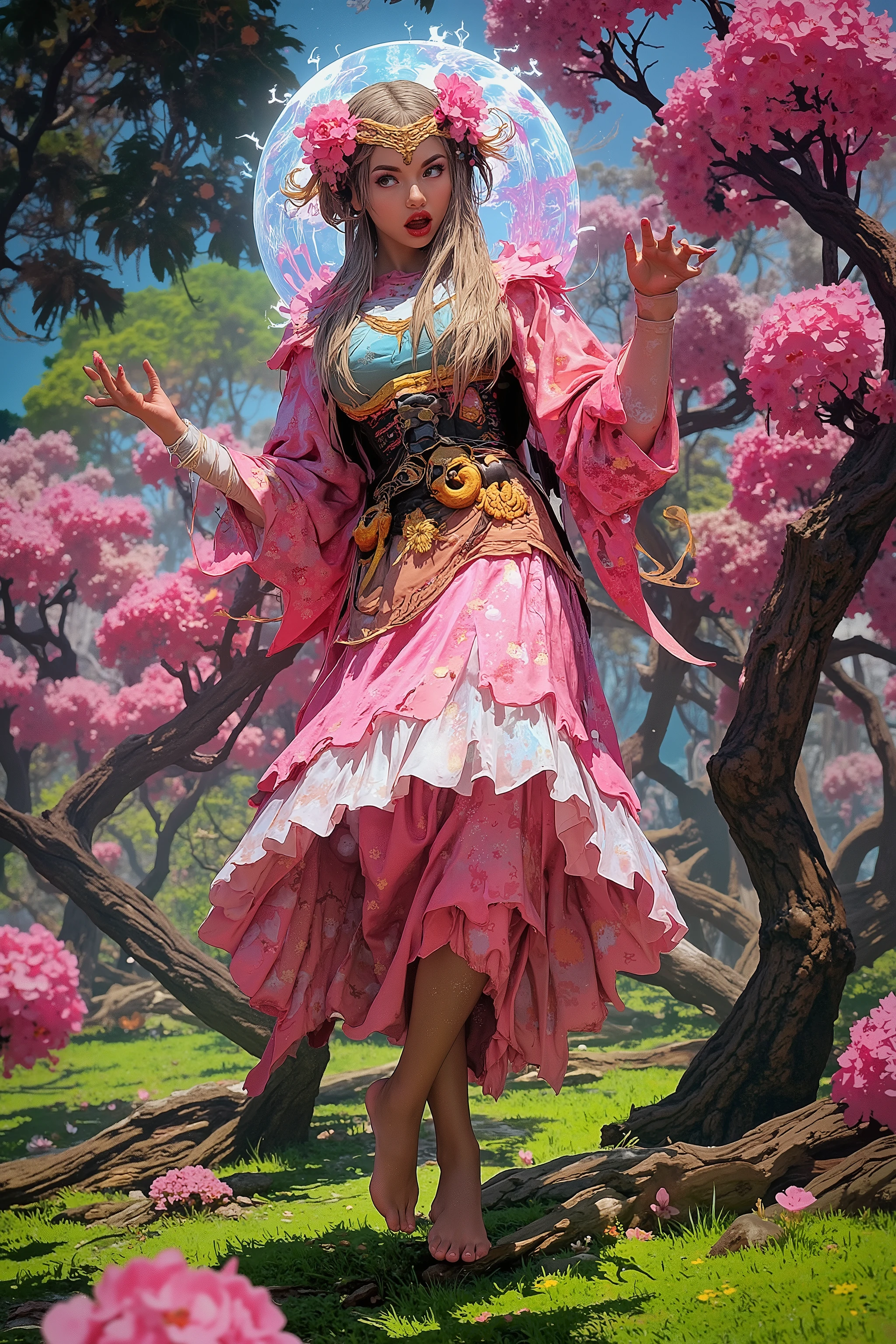 (High fantasy)(Feudal Japan) A Sakura goddess (exquisite kimono made of cherry blossom petals with golden trim, cute, pale white skin, cherry blossom aura, exquisite makeup, bare feet, lovely hair), floats down from the heavens to inspect the blooms in a cherry orchard, her feet do not touch the ground, cherry orchard in full bloom, magical scene, niji art style influence