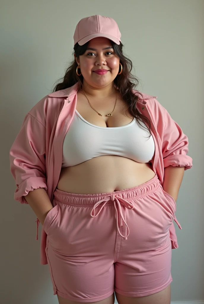 Tight pajama, shorts, curvy, wide hip, curvy thighs, skin color match, large breasts, full cleavage, flat stomach