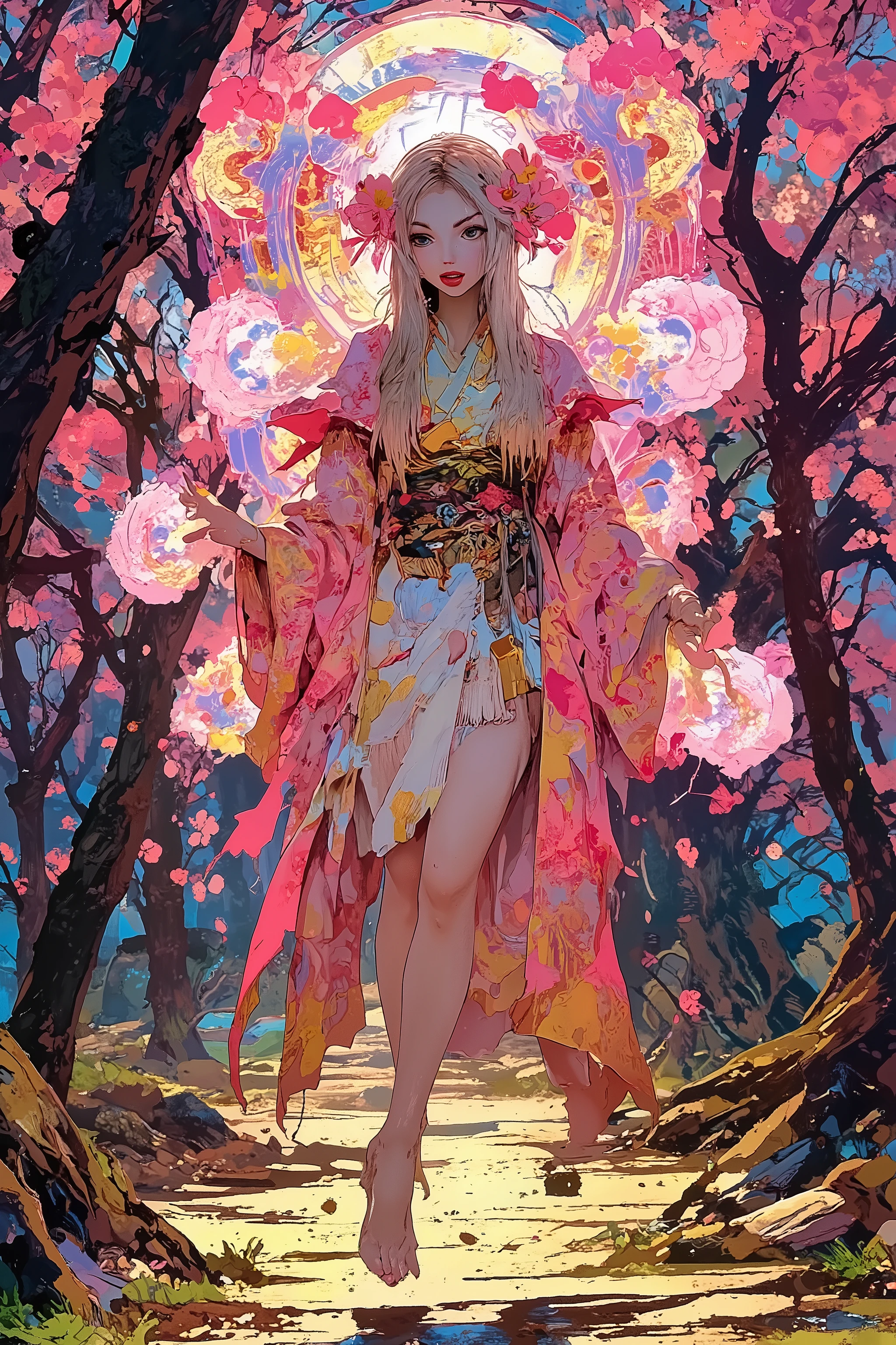 (High fantasy)(Feudal Japan) A Sakura goddess (exquisite kimono made of cherry blossom petals with golden trim, cute, pale white skin, cherry blossom aura, exquisite makeup, bare feet, lovely hair), floats down from the heavens to inspect the blooms in a cherry orchard, her feet do not touch the ground, cherry orchard in full bloom, magical scene, niji art style influence