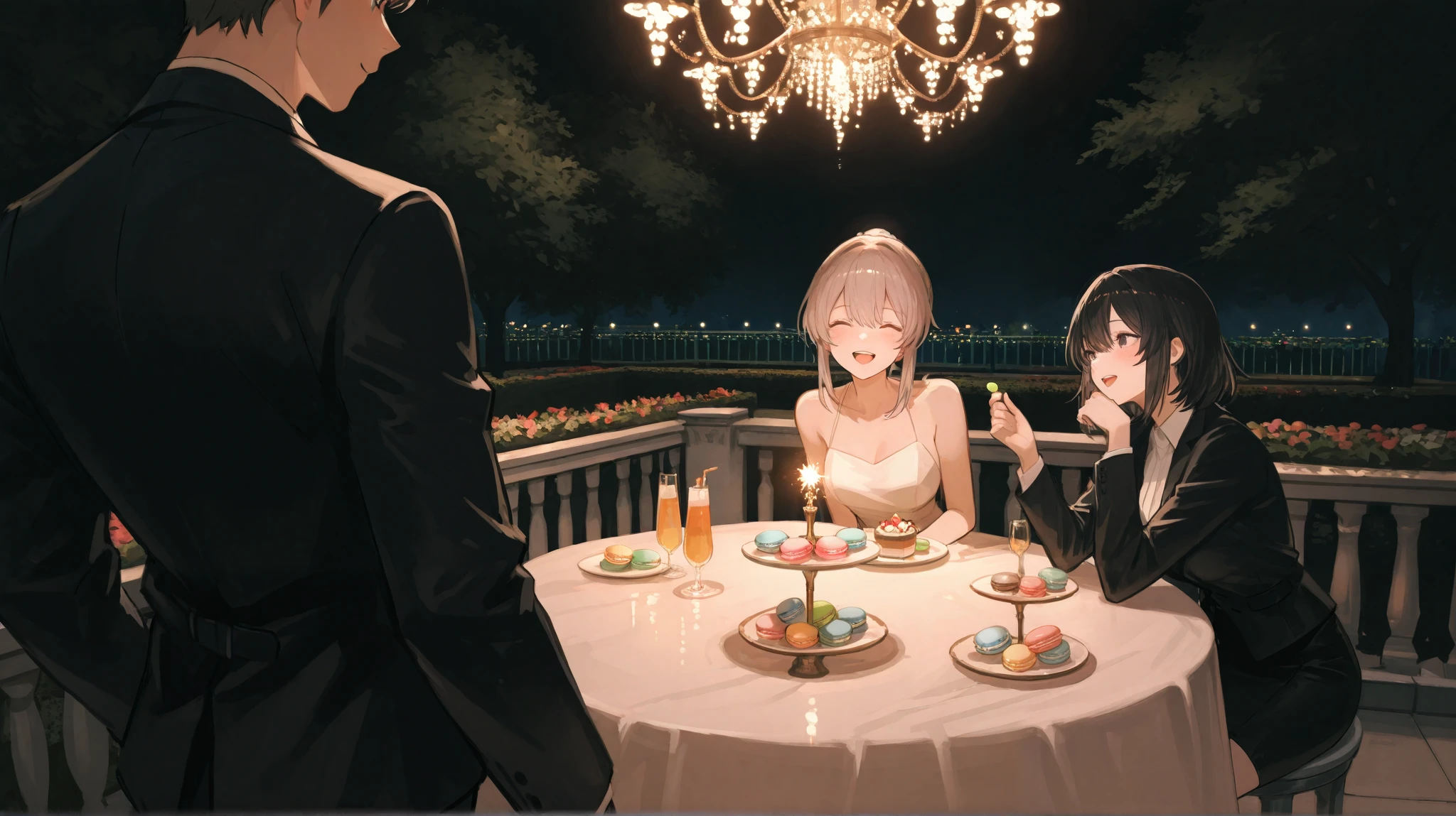 A beautiful college reunion held at an upscale garden terrace, lights glowing overhead as guests laugh and chat. Han Yura, wearing a simple yet elegant dress, stands near a dessert table, nibbling on a macaron while secretly glancing toward Seo Minjoon across the venue. He leans casually against a marble railing, the evening breeze ruffling his sleek black suit. Their eyes meet—hers filled with hesitation, his with quiet amusement. In the background. The atmosphere is light and playful, filled with the warmth of old friendships and the spark of something new about to unfold.