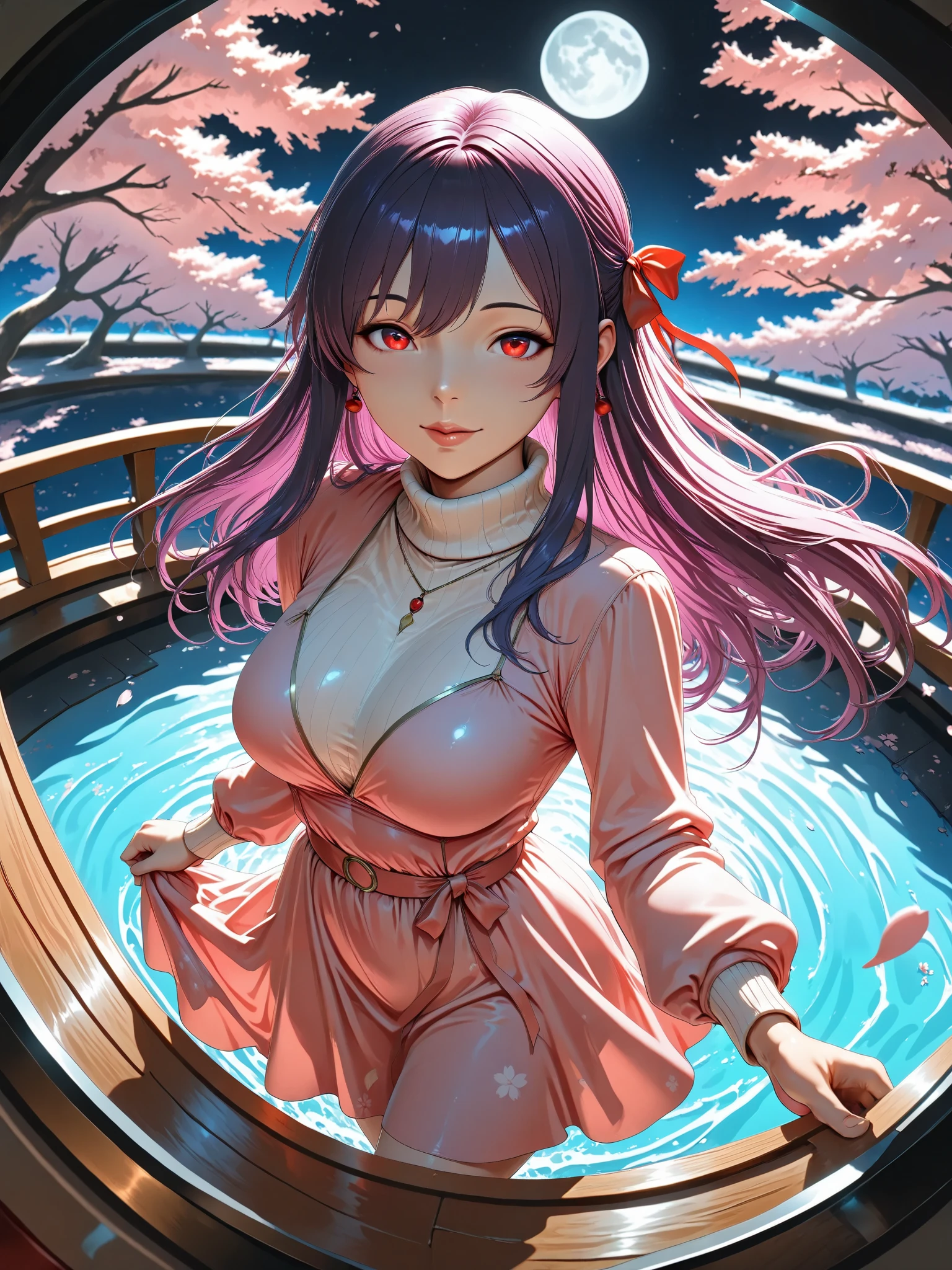 ((Best Quality)),( super high definition),(Super detailed),( detailed description ),((The best CG)),(masterpiece), source_anime,
Sakura _We are, long hair, red eyes, purple hair, hair ribbon, red clear eyes, iris,dark persona, corrup tion,realistic,Cherry blossoms falling、Reflections on the surface of the water
dress, pink dress, turtleneck, striped, long sleeves,
outdoors, moon, night, night sky, (she hold a bow and aim at a viewer)
looking at viewer, dutch angle, cowboy shot, (The floor is covered with water and reflects the cherry blossom scenery at night),(Fantastic Scenery:1.5),(the floor is covered with water:1.4), (fisheye angle from above:1.5), 