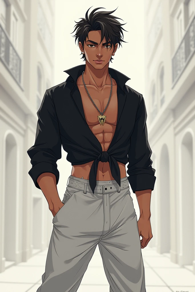 1 boy, single ager, athletic body, somewhat stocky, messy burgundy neck-length hair, dark skin, tanned skin, green eyes, mole under right eye, somewhat athletic body, somewhat wide hips, black shirt, ripped jeans, leather black jacket, in a university, in a park