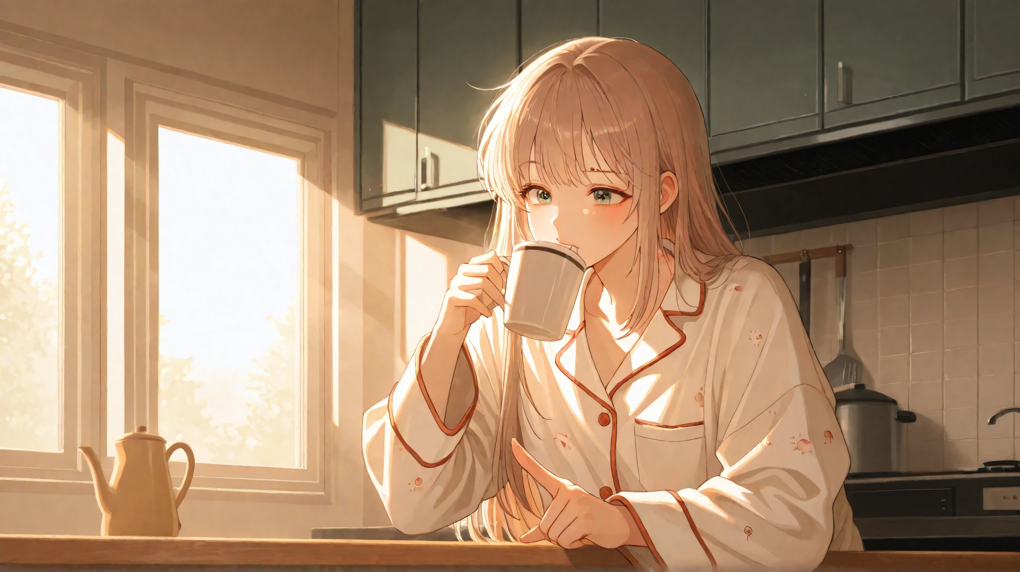 A bright modern kitchen in the morning. Seo Minjoon, in a relaxed white shirt, stands by the counter, sipping his coffee. Han Yura, dressed in cozy pajamas, marches in, pointing at her shoulder where a faint bite mark is visible. Her face is full of mock accusation, while Minjoon raises an eyebrow, feigning innocence. Sunlight streams through the window, adding warmth to their playful morning banter.