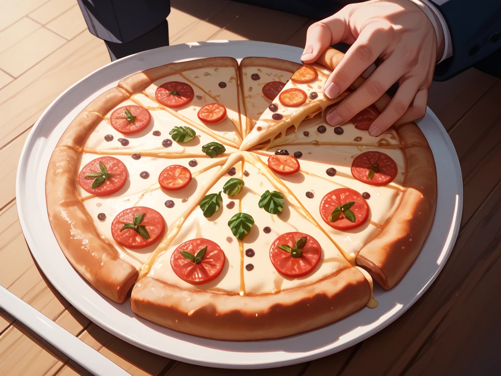 girl CHILD 10 years old, Russian blonde in braids, There are four pieces of PIZZA on a plate with a bowl of broccoli, PIZZA Schedule, Mini PIZZA , Como, Estilo Calude Monet, receita, #Micro, # Micro, misturar, alternate angle, Miami, medium tone, Hunting