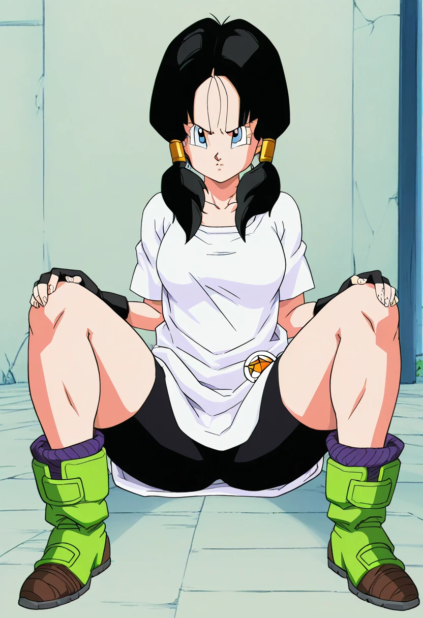 source_anime, score_9, score_8_up, score_7_up, anime screencap,
videldbz, 1girl, solo, looking at viewer, long hair, blue eyes, black hair, ponytails, (((masturbation))), (((crouching))), thick thighs, white shirt, contry side, fingerless gloves, pussy, ashamed, blushing