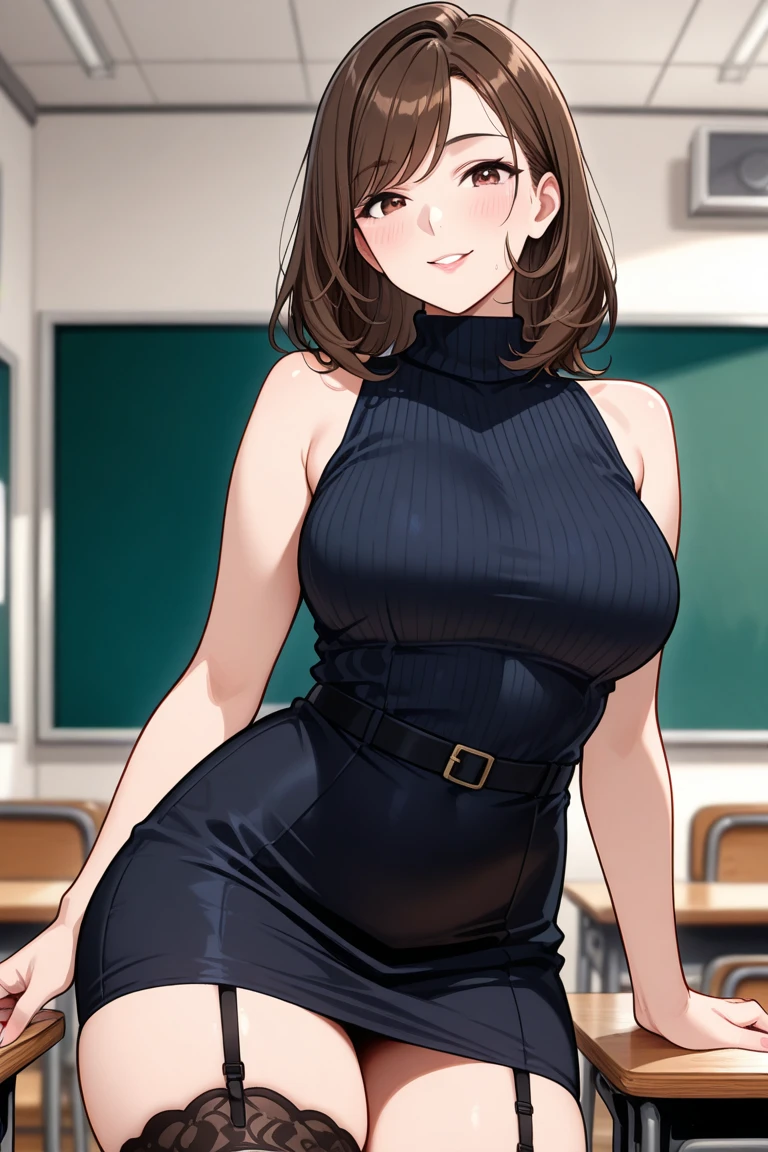 cowboy shot, minami kotori, ((latex bodycon dress)), strapless, cute smile , closed mouth, (curvy body), in office,solo focus