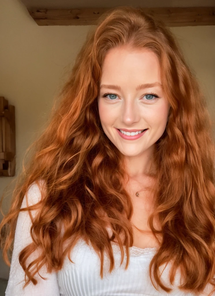 ((best quality)), ((masterpiece)), (detailed), perfect face, redhead, big breast, long hair, smiling, green eyes, freckles, wearing university sweater
