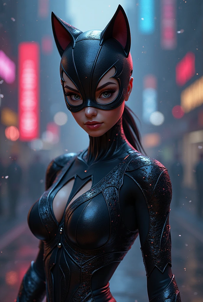 (obra prima、4k resolution、Um hiper-realista、ighly detalhado)、(Black Superheroes theme、carisma、There's a girl in a Catwoman costume above town、She's a superhero)、 [((25 anos)、(longos cabelos grisalhos:1.2)、Esbian de corpo inteiro、(olhos azuis:1.2)、((Pose de Mulher-Gato)、demonstration of strength、jump from one building to another)、((ambiente arenoso):0.8)|(Uma paisagem urbana、Dynamic Noiuz)、(lua cheia)]#ilustrar:The prompts are mostly ultra high definition、muito real、Describes highly detalhado 4K paintings。A superheroine in a Catwoman costume is depicted at the top of the city。The subject of the photo is a black superhero theme。(((vista posterior))), Fotografo de lente grande angular, neon lights, (((atirando de baixo))),