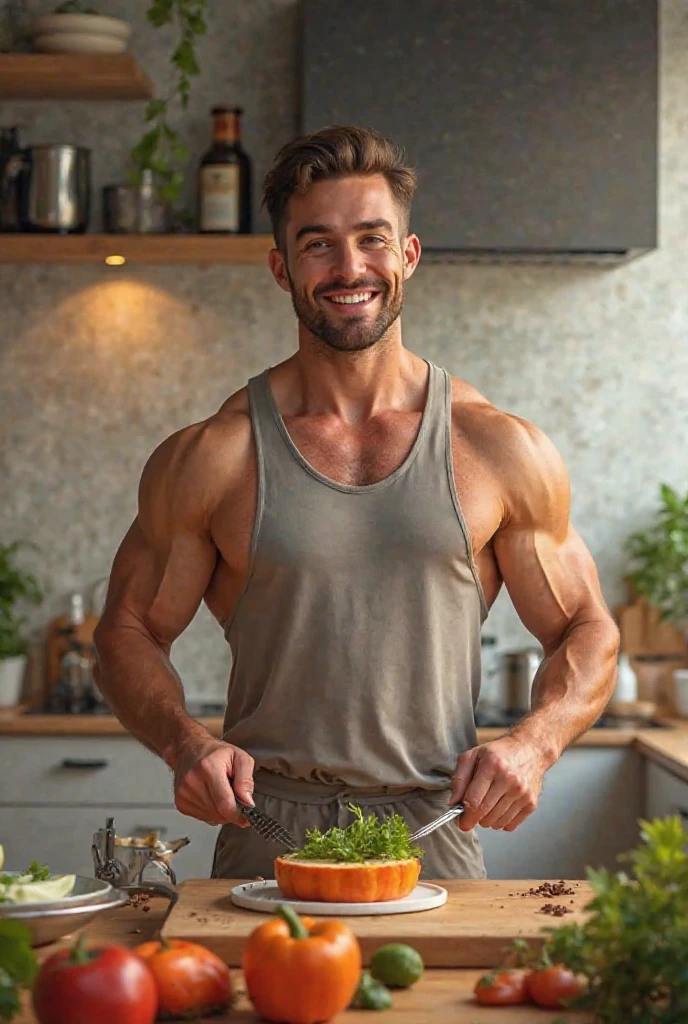 A young TikToker presents a cooking recipe for his community. He is young, handsome and muscular. He is shirtless and wears very revealing gray jogging pants. He holds a spatula in his hand and speaks enthusiastically. he has light brown hair. In the background we see his kitchen with a pack of eggs. He lives in Oklahoma. We see his entire body. He looks like Ben Batchelor.