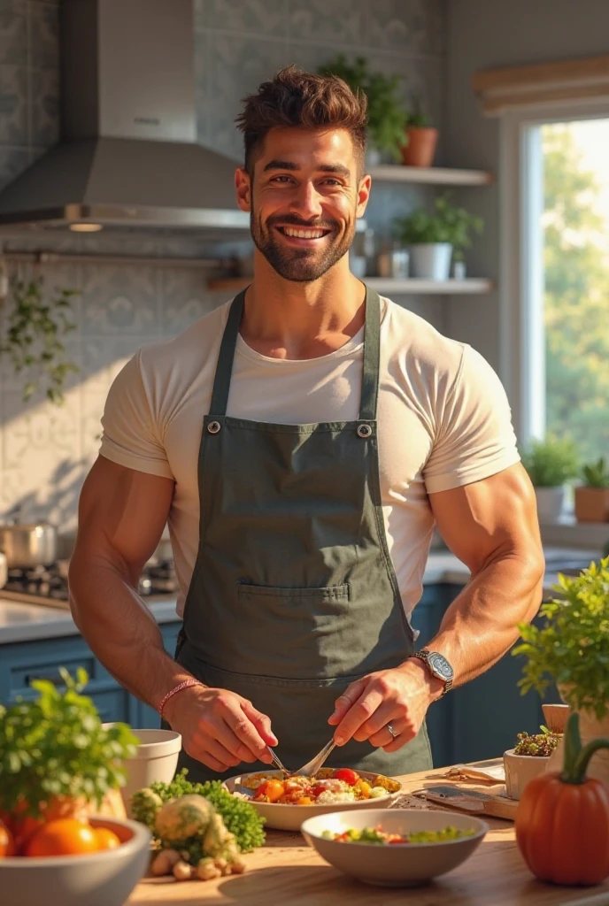 ((Men only)), (cowboy shot), (apron on bare skin), (showing his abs), (handsome muscular male waiter in his 30s), (in the restaurant), (Mischievous smile), (detaile: 1 in 1), Natural muscles, HIG quality, beautidful eyes, (Detailed face and eyes), (Face、: 1 / 2), Noise, Real Photographics、... .................................................................................................................PSD, Sharp Focus, High resolution 8K, realisitic & Professional Photography, 8K UHD, Soft lighting, High quality, Film grain, FujifilmXT3