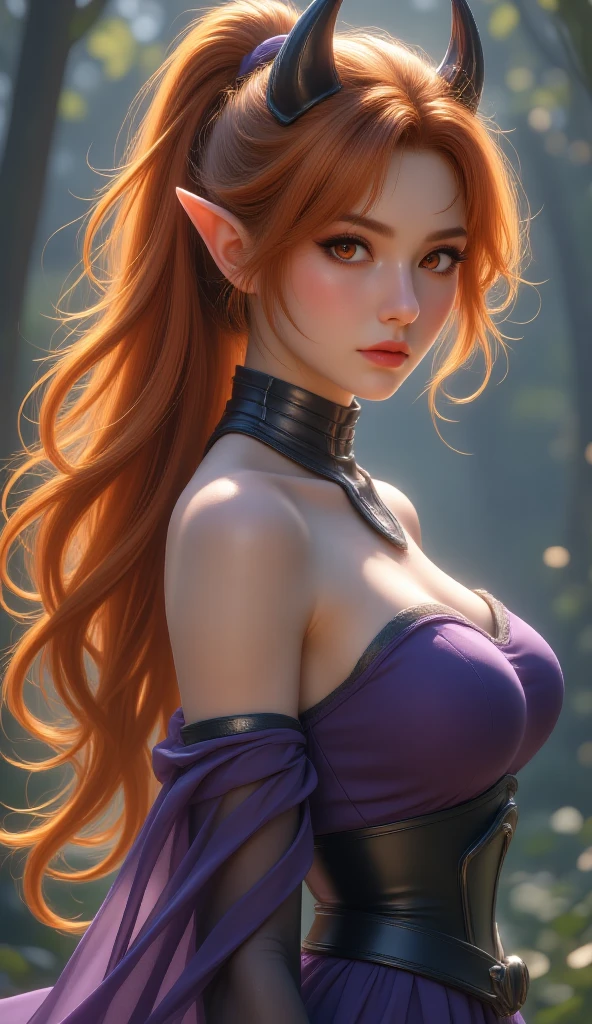 a redhead woman, very long hair falling to butt height. She is wearing a purple blouse that highlights her large breasts.. She has red fox ears, with the inside of the ears in light pink, and a red fox tail with a light pink tip. Only his left arm is completely tattooed. She has fair white skin and a slim body with blue eyes.