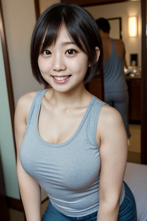 Asian girl, beautiful, cute, micro, tank top, floating waist, beautiful medium breasts, tight shorts, sexy, smiles a little.,no bra,Post a model pose,micro pant