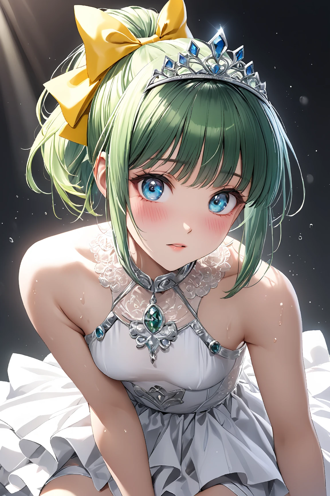 Masterpiece, high quality, high quality illustration, vast expanse of medieval cityscape, one girl, solo, (((( dress, V-neck, fluorescent luminescent lamé and see-through material produced, )))) long sleeves, long dress, delicate and super detailed embroidery, ((cute, super cute, incredibly ridiculous cuteness)) looking at you, ((blush)), raw girl ((from above)), shy pose,