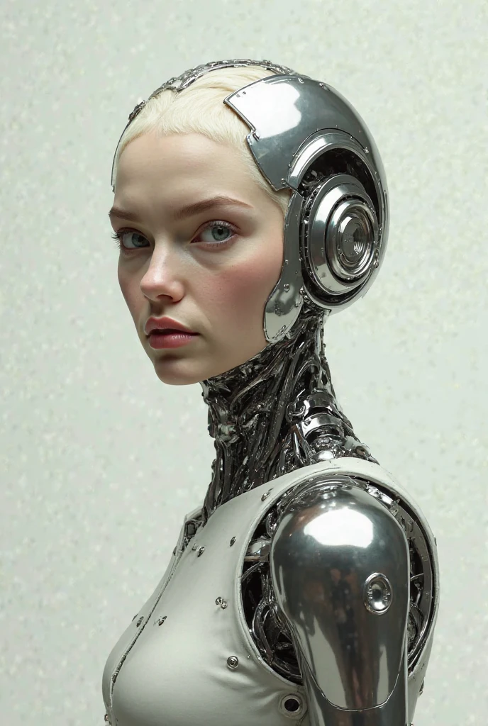 complex 3d render ultra detailed of a beautiful porcelain profile woman android face, Cyborg, cyborg robot parts, 150 mm, Beautiful studio soft light, rim-light, vibrant detail, Luxurious cyberpunk, Lace, Hyperrealistic, anatomically, face muscles, Cable Electrical Wire, micro Chip, elegant, Beautiful background, rendering by octane, h. r. Giger style, 8K, Best quality, Masterpiece, illustration, An extremely delicate and beautiful, Extremely detailed ,CG ,Unity ,the wallpaper, (Realistic, photo-realistic:1.37),Amazing, finedetail, Masterpiece,Best quality,offcial art, Extremely detailed Cg Unity 8K wallpaper, absurderes, unbelievable Ridiculous, robot, silver halmet, full bodyesbian