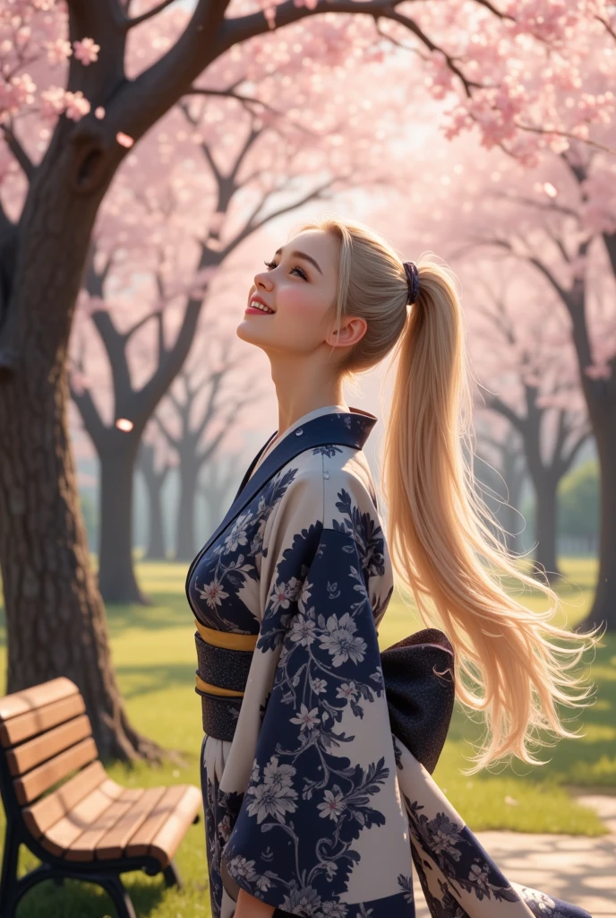 ((Скамейка в парке с цветущими вишневыми деревьями))、Высочайшее качество работы、Настоящее произведение、Графика ультра-премиум качества、8K HD CG-работы、 высококачественная графика 、 высококачественная работа CG 、в 10 раз больше пикселей、чрезвычайно мелкие детали： 1.1、расширенные технические детали： 1. 1 фотореалистичная 、естественный свет:1.5.(Я смотрю в небо少女), ((Золотисто-белые волосы、длинные волосы)), (хвост с точки зрения Юби)световые эффекты( Виртуальные световые эффекты:1.8),, прозрачные волосы、высокодетализированные волосы(Премиальные детали волос:1.1)ясные глаза、美しい二重ясные глаза、красивые двойные веки мужчины с одной женщиной、яркий макияж глаз(Съемка в сыром виде、выглядит фотореалистично счастливой:1. 5, 8к, лучшее качество изображения、шедевр、Сверхвысокое разрешение Использование масла), идеальная динамичная композиция:1.2, Night Street Corner、Я смотрю в небо:1.3, ((Сильный дождь из-за тайфуна ))), высокодетализированные текстуры кожи и лица:1.2, 、 промокает под дождем:1. 3, Сексуальная Красота、Идеальный стиль:1.2, эстетичный и красивый 、белая кожа、Очень красивое лицо, (Дождь, капающий по всему телу:1.2, влажные волосы:1.4, влажные волосы:1. 2）、 капли воды на коже 、((Кимоно с темно-синим узором на белом фоне))、(стиль с взъерошенной ю и подолом）,（большие груди、 Разрыв в груди）、(Подол кимоно растрепан)（Застенчивый смех、（(девушка, стоящая перед скамейкой)）、выражение радости）、（красивые голубые глаза）、Идеальное тело、 Идеальные кончики пальцев、）、Фильмы высшего качества、Игровой фильм、Графика ультра-премиум качества、8K HD CG-работы、Высокодетализированная графика、Высокодетализированные компьютерные графические работы、、 ультратонкие детали ：1. 1、расширенные технические детали:1.1、} фотореалистичное чувство счастья、屋内световые эффекты:1.5、естественный свет:1.5、световые эффекты（виртуальное освещение Ef