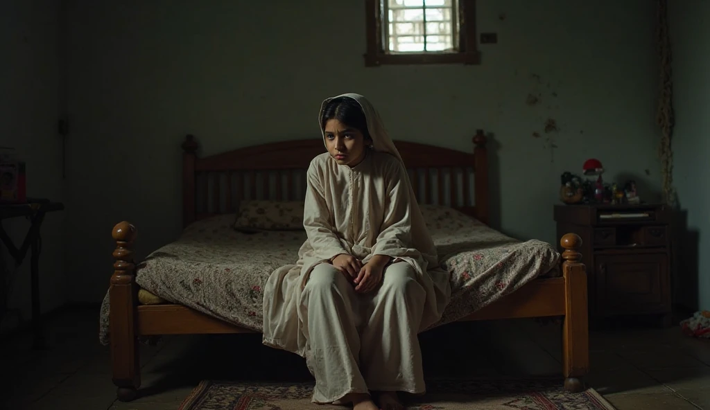 beautiful, slim, 32 year old Indonesian hijab woman wearing a gamis with open buttons, visible bra with a sad facial expression sitting on the bed while contemplating, next to a old boy who is sleeping on a simple mattress in a room with wooden wall.