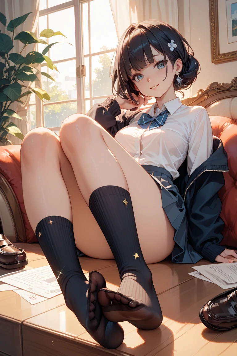 (Masterpiece, highest quality, high resolution, realistic photos, realistic looking skin:1.1),
(The woman is crouching with her legs closed with both knees and thighs together: 1.9),
(We are sitting directly in front of her to see her panties: 1.9),
(She is resting her elbows on both knees and resting her cheekbones on her cheekbones:1.5),
(glimpse of panties:1.5),
(She has a smirking, laughing expression:1.8),
(She is wearing a navy blue blazer and white collared shirt from her school uniform:1.5),
(She is wearing a gray pleated mini-skirt:1.5),
(She is wearing navy blue high socks and black loafers: 1.5),
(Her panties are white with a pattern:1.5),
(brown medium hair:1.5),
(Location: entrance of a building in a business district at night:1.5),
1 Japanese girl, solo, full bodied esbian, beautiful eyes, glowing eyes, glowing thighs, NSFW