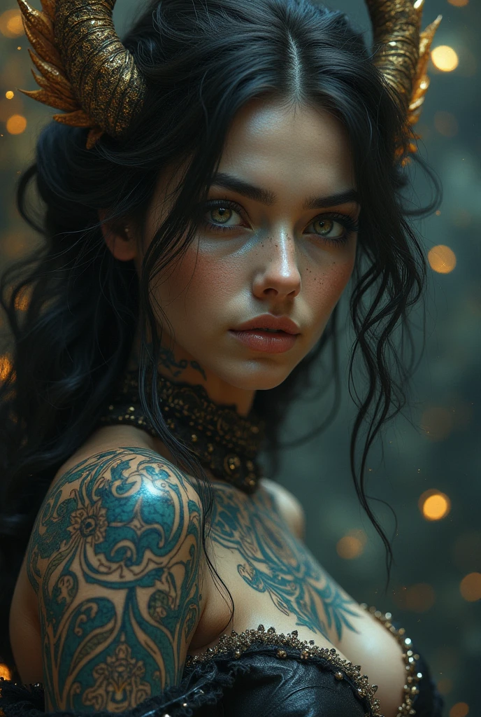 Professional photography of a stunning Kyrgyzstan supermodel in her mid-20s, Eurasian descent, showcasing her outrageous beauty and body, nude, body paint featuring a vibrant tribal design, soft natural lighting, high detail, fashion portraiture --ar 3:4 --stylize 150 --no text, nsfw