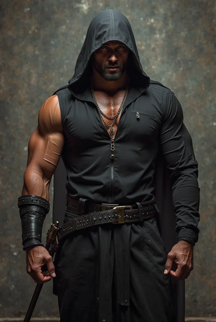 (Lewis Tan) as Kung Jin from Mortal Kombat, (hood up), black long ponytail, dark brown traditional martial arts sleeveless vest, dark brown traditional martial arts pants, dark brown loincloth, hoding ((staff)), (arrows), (insanely detailed, beautiful detailed face, masterpiece, best quality), cinematic lighting, 1man, solo, full body view, front view, looking at viewer, intricate, high detail, sharp focus, dramatic, photorealistic painting art by greg rutkowski