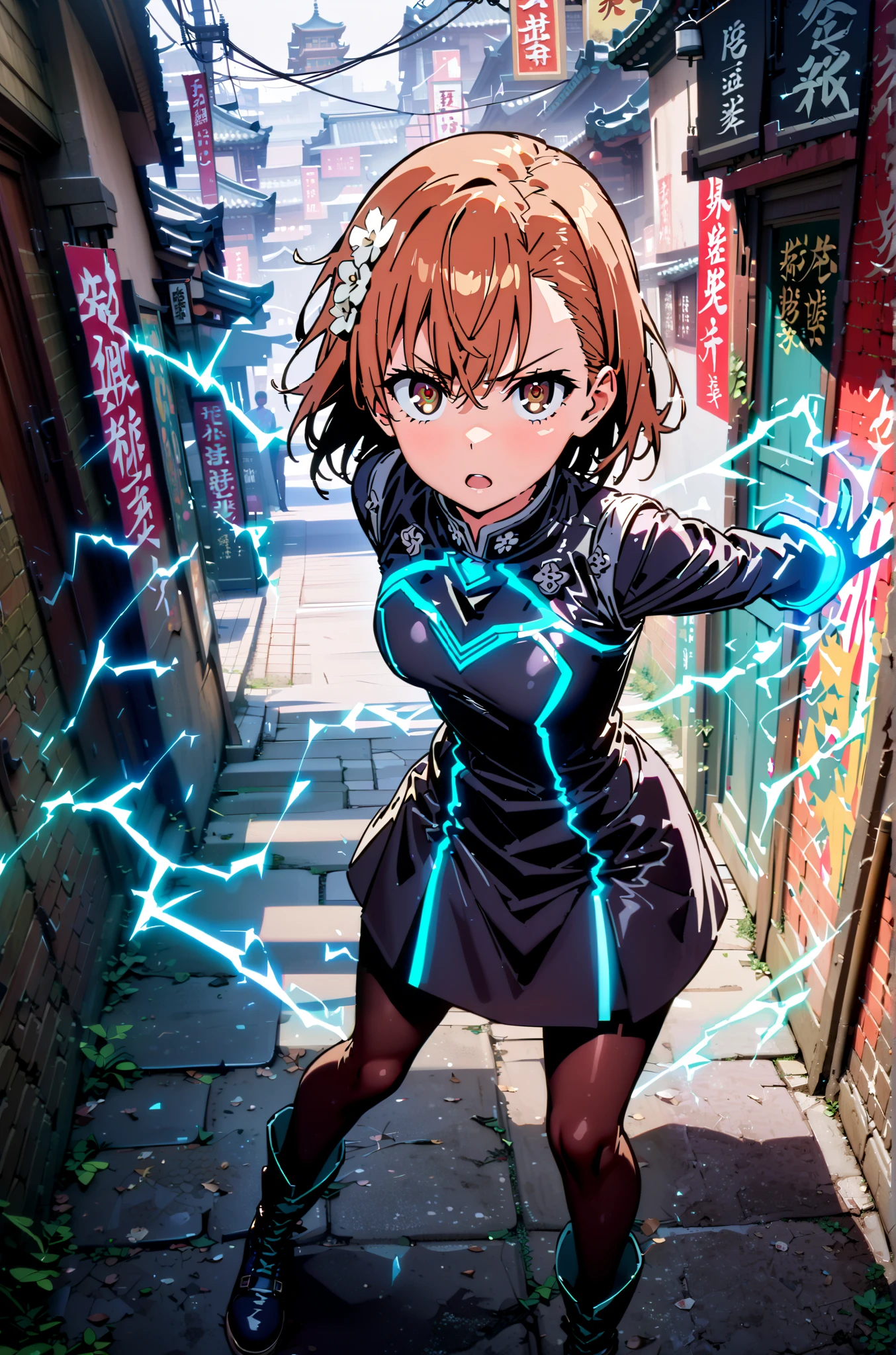 Mikoto and Misaka, Misaka Mikoto , short hair, black cock, hair ornament, hair flower, brown eyes,serious,open your mouth,electricity ,Superpowers(electricity ity),Electric current is emitted from the body ,cosplay, ,That's right., open your mouth, White Chinese clothing,Long slit,black pantyhose,boots,is standing, combat posture,full bodyがillustrationに入るように,break outdoors, Chinatown,
break looking at viewer,full body,
break (masterpiece:1.2), best quality, high resolution, Unity 8k Wallpaper, (illustration:0.8), (beautiful detailed eyes:1.6), very detailed face, so that it fits into the illustration, extremely detailed CG, (perfect hand, perfect anatomy),