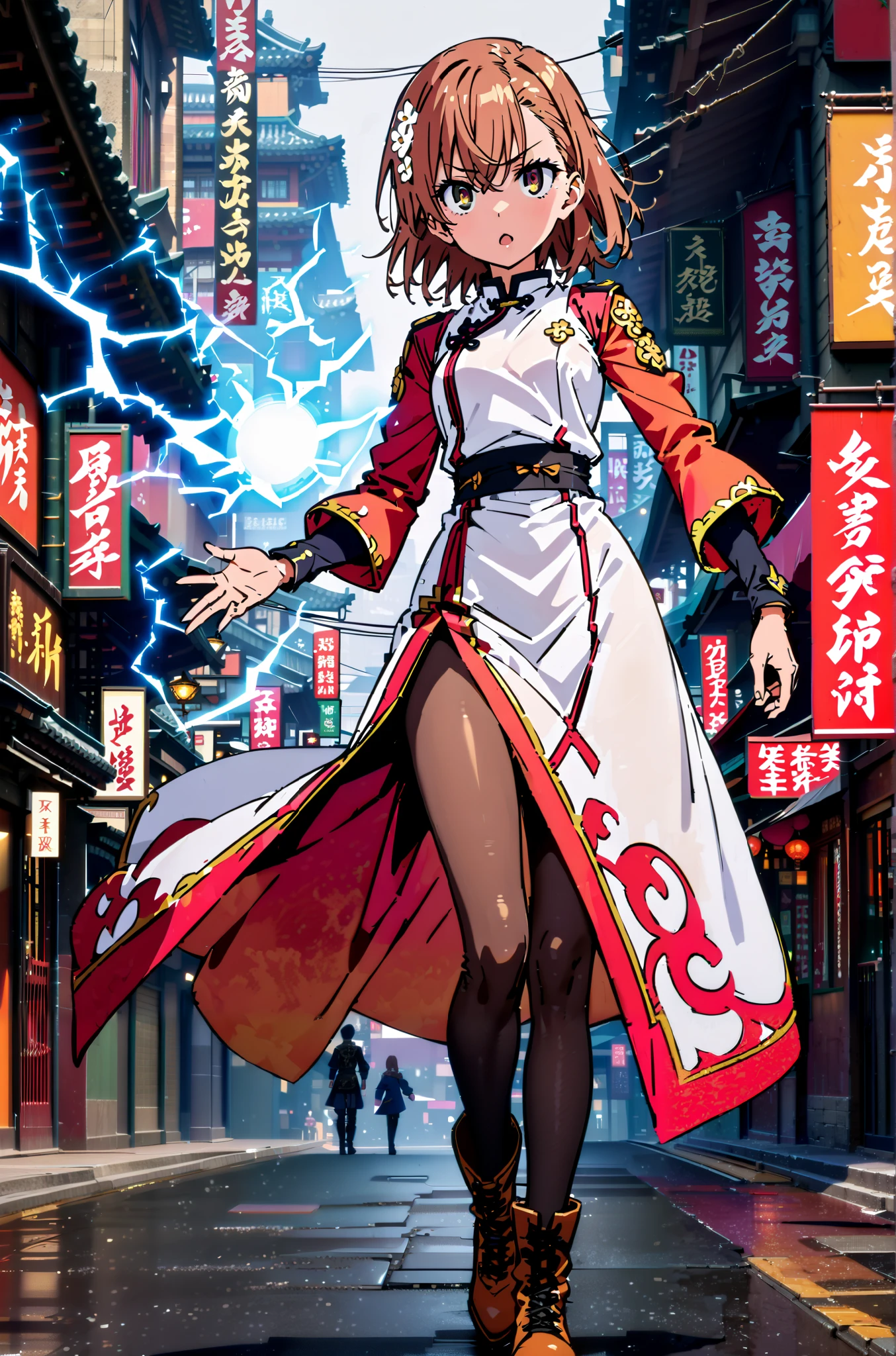 Mikoto and Misaka, Misaka Mikoto , short hair, black cock, hair ornament, hair flower, brown eyes,serious,open your mouth,electricity ,Superpowers(electricity ity),Electric current is emitted from the body ,cosplay, ,That's right., open your mouth, White Chinese clothing,Long slit,black pantyhose,boots,is standing, combat posture,full bodyがillustrationに入るように,break outdoors, Chinatown,
break looking at viewer,full body,
break (masterpiece:1.2), best quality, high resolution, Unity 8k Wallpaper, (illustration:0.8), (beautiful detailed eyes:1.6), very detailed face, so that it fits into the illustration, extremely detailed CG, (perfect hand, perfect anatomy),