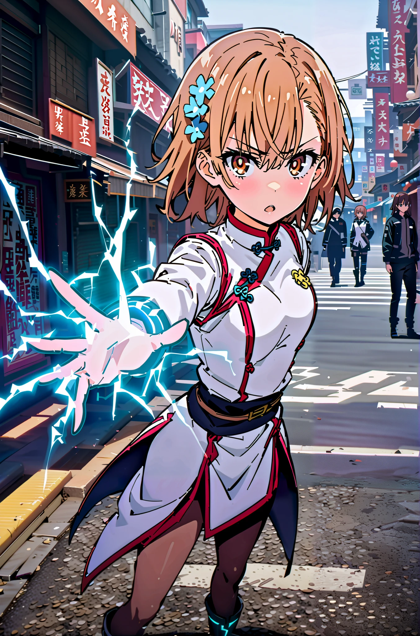 score_9, score_8_up, score_7_up, source_anime,
Mikoto and Misaka, Misaka Mikoto , short hair, black cock, hair ornament, hair flower, brown eyes,serious,open your mouth,electricity ,Superpowers(electricity ity),Electric current is emitted from the body ,cosplay, ,That's right., open your mouth, White Chinese clothing,Long slit,black pantyhose,boots,is standing, combat posture,full bodyがillustrationに入るように,break outdoors, Chinatown,
break looking at viewer,full body,
break (masterpiece:1.2), best quality, high resolution, Unity 8k Wallpaper, (illustration:0.8), (beautiful detailed eyes:1.6), very detailed face, so that it fits into the illustration, extremely detailed CG, (perfect hand, perfect anatomy),