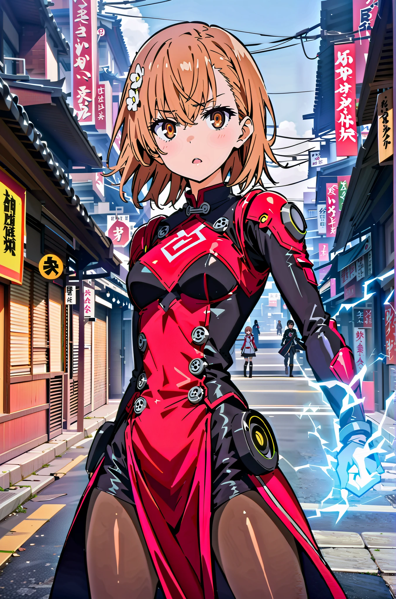 score_9, score_8_up, score_7_up, source_anime,
Mikoto and Misaka, Misaka Mikoto , short hair, black cock, hair ornament, hair flower, brown eyes,serious,open your mouth,electricity ,Superpowers(electricity ity),Electric current is emitted from the body ,cosplay, ,That's right., open your mouth, White Chinese clothing,Long slit,black pantyhose,boots,is standing, combat posture,full bodyがillustrationに入るように,break outdoors, Chinatown,
break looking at viewer,full body,
break (masterpiece:1.2), best quality, high resolution, Unity 8k Wallpaper, (illustration:0.8), (beautiful detailed eyes:1.6), very detailed face, so that it fits into the illustration, extremely detailed CG, (perfect hand, perfect anatomy),