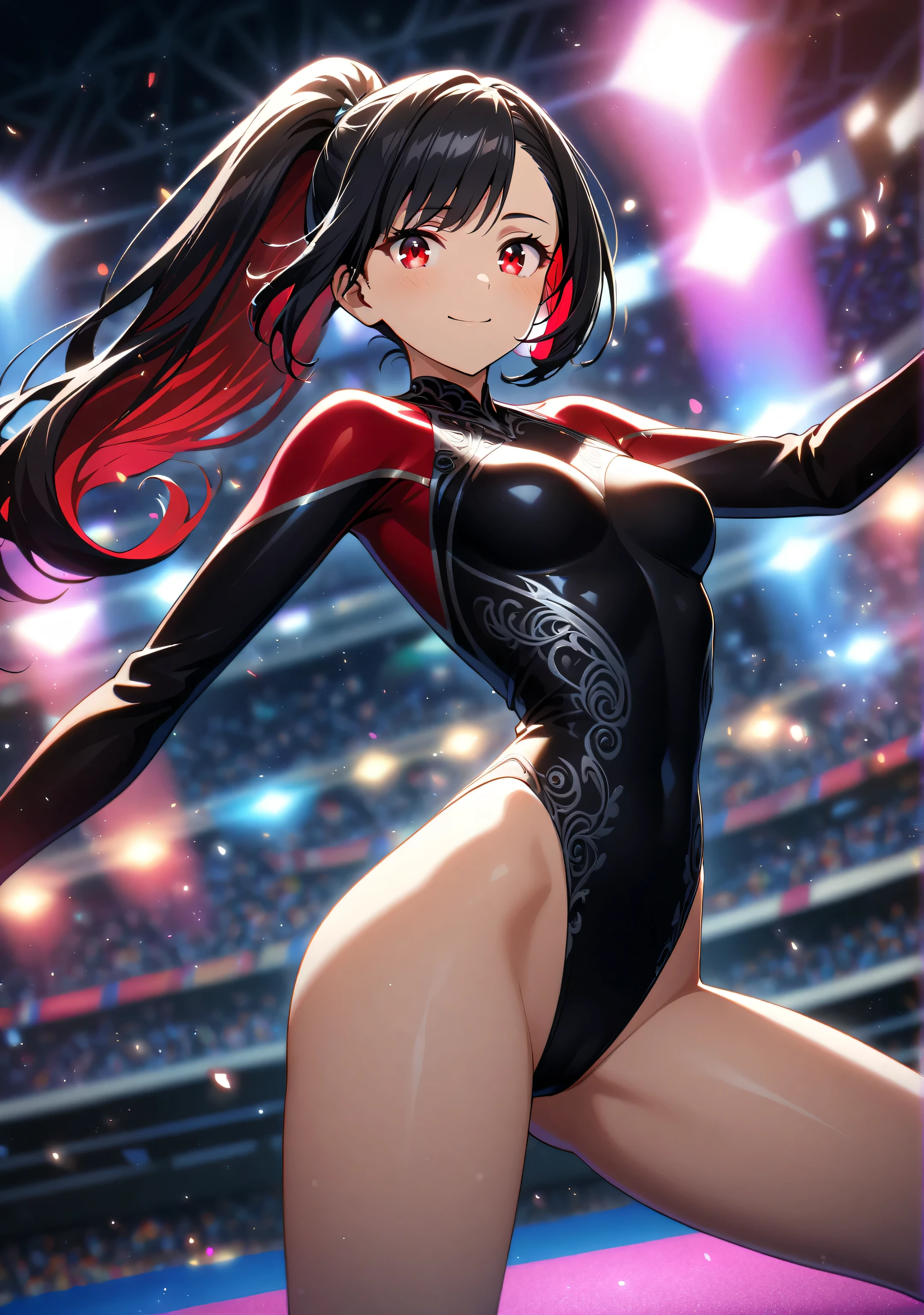 highquality illustration, masterpiece, very delicate and beautiful, attractive girl,(colorful leotard, heattech leotard,tight leotard,long_sleeve leotard,ribbed leotard,high_leg leotard,turtleneck leotard),gymnastics club,gymnastics athlete,bare legs,gymnasium background,beautiful eyes, light smile,(masterpiece, best quality:1.2), highres, extremely detailed CG unity 8k wallpaper, perfect lighting, Colourful, ultra-high res,4K,ultra-detailed, photography, 8K, HDR,