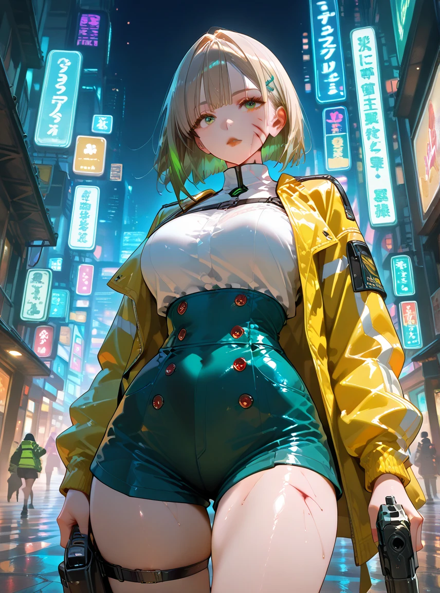 (​masterpiece),(top-quality:1.2),1girl in,(masuter piece:1.3),exquisitedetails, Highest quality 8K resolution, Ultra-detailed, Realistic, Vibrant colors, Soft tones, With warm and gentle lighting,  (Cyberpunk:1.3),Anime Face、extremely beautiful face and eyes,Naughty smile、sexy  pose,(blondehair:1.4) 、(Short low twin tail),(Pink Open Hoodie),(cleavage:1.2)、Blushing,deep in the night、You can see the sea in the distance、(starrysky)、iridescent lighting、Building Light、(Diamond Dust:1.3)、Superb view、a choker、small earring、(Black Plaided Pleated Skirt),IsometricFuture, Anime Style School, Isometric cutaway,  (Urban landscape of the near future), depth of fields, Full-HD,(Rim lighting:1.4), Vivid and sharp cinematic lighting, shadowy, chromatic abberation, Art by Art Germ, Greg Rutowski, Square Enix, unreal enginee 5, FXAA, IsometricFuture、Pink light、purple lights、(Yellow-green light:1.5)、(Cyber City)、(Near Future City:1.3) ,(short twin-tailed blonde hair:1.3),(Hair parted in the middle:1.3),(Dark blue eyes:1.3),White skin, hair clips,Warm golden glow,The artwork is a masterpiece,