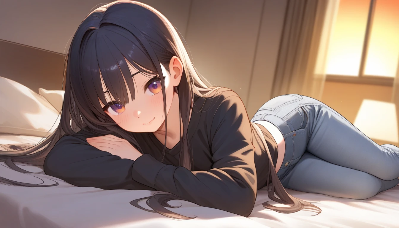 (((Masterpiece, highest quality, high definition, high detail)))), (((modern))), ((bedroom)), ((laying on bed)), (((one girl))), A girl in hotel room at night, beautiful face, tomboy, wearing hoodie, dark pajama shorts, (dark skin2), (black + short wavy hair1.2), yellow eyes, blunt bangs, wearing hoodie, gym panties, blushed face, small breasts, High resolution, dark ambiance by professional AI, hotel room, night, dark sky, looking at viewer, (((One girl in middle))), (((SOLO)))