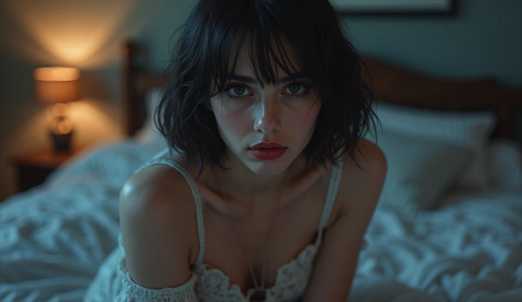 editorial photography,super detailed background,Super realistic,double exposure,depth of field,beauty cute super slender skinny vides,soft_focus tone,narrative scene,open glossy_lips,wavy very short bob-cut hair,wet_lingerie stockings,abs,brutal_gaze,midnight,NSFW,spread_legs,self_hard_punishment,self-bondage,BDSM,kinkky,selfy,Kinbaku,