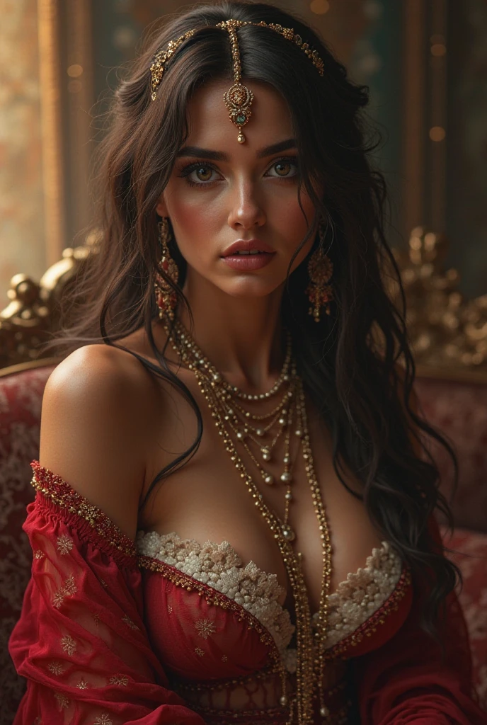 (photorealism:1.2), Using Imperial Ottoman Empire Dress, beautiful Sultana, lying on the bed, A close-up to face and straight-on view from above, good body, straight body possure, give up, big breasts.