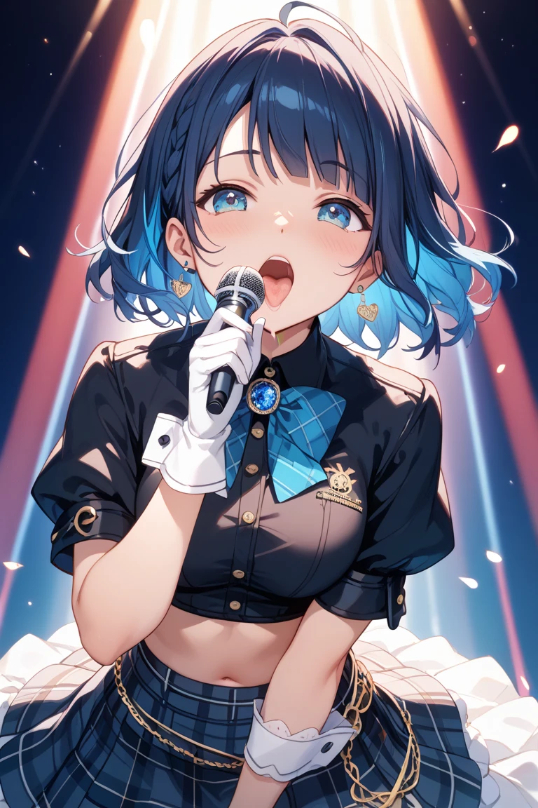 ((best quality, masterpiece, absurbres, super-resolution)) dark blue hair, karaoke room, microphone, singing out load, music note