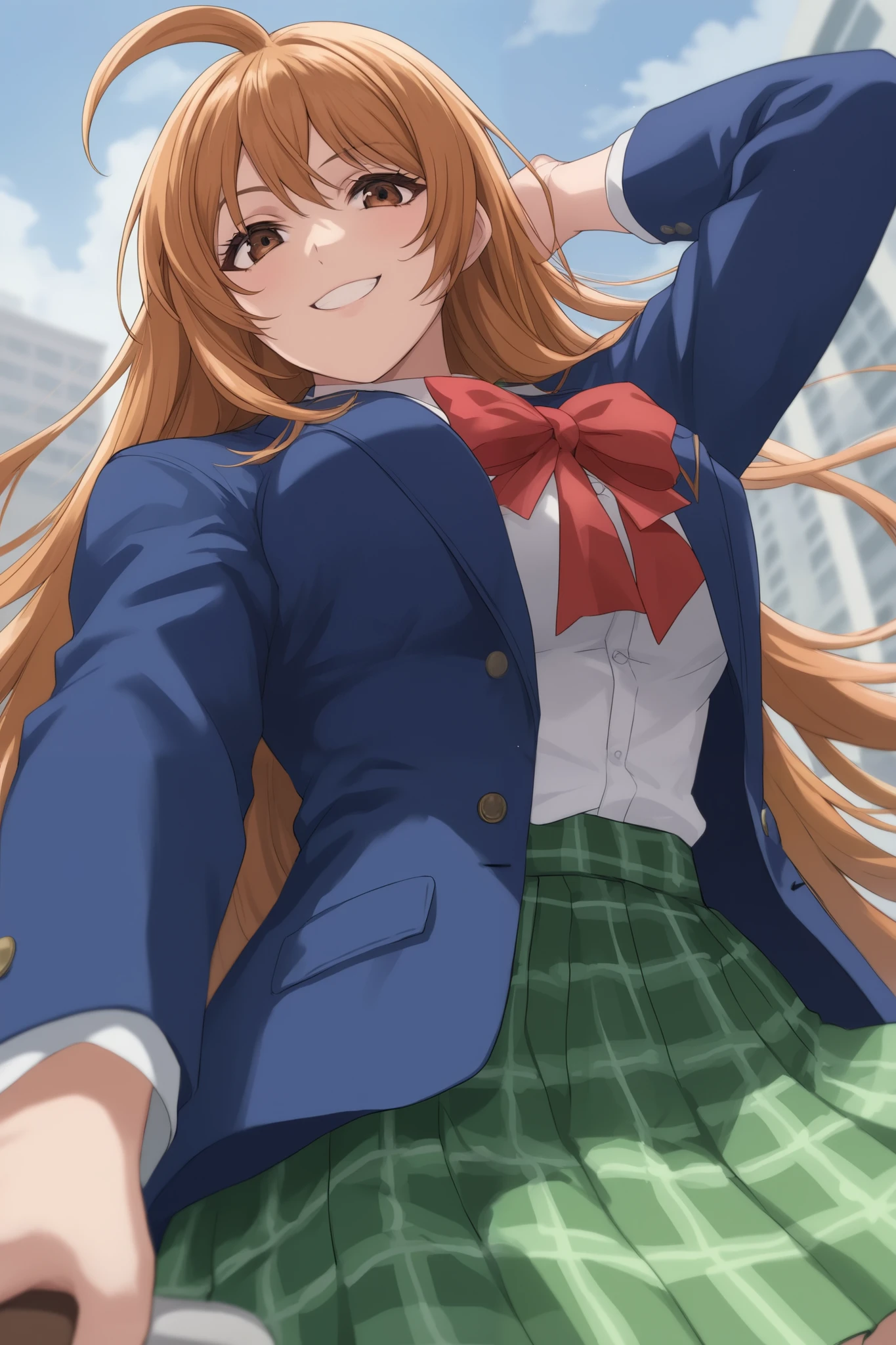 best quality,masterpiece,looking at viewer,absurdres,1girl,score_9,score_8_up,score_7_up,source_anime BREAK natsume aya,orange hair,long hair,brown eyes,ahoge,breasts,white ,skirt,bow,plaid,large breasts,jacket, plaid, green plaid skirt, blue blazer, evil smile, giantess, front below, looking down