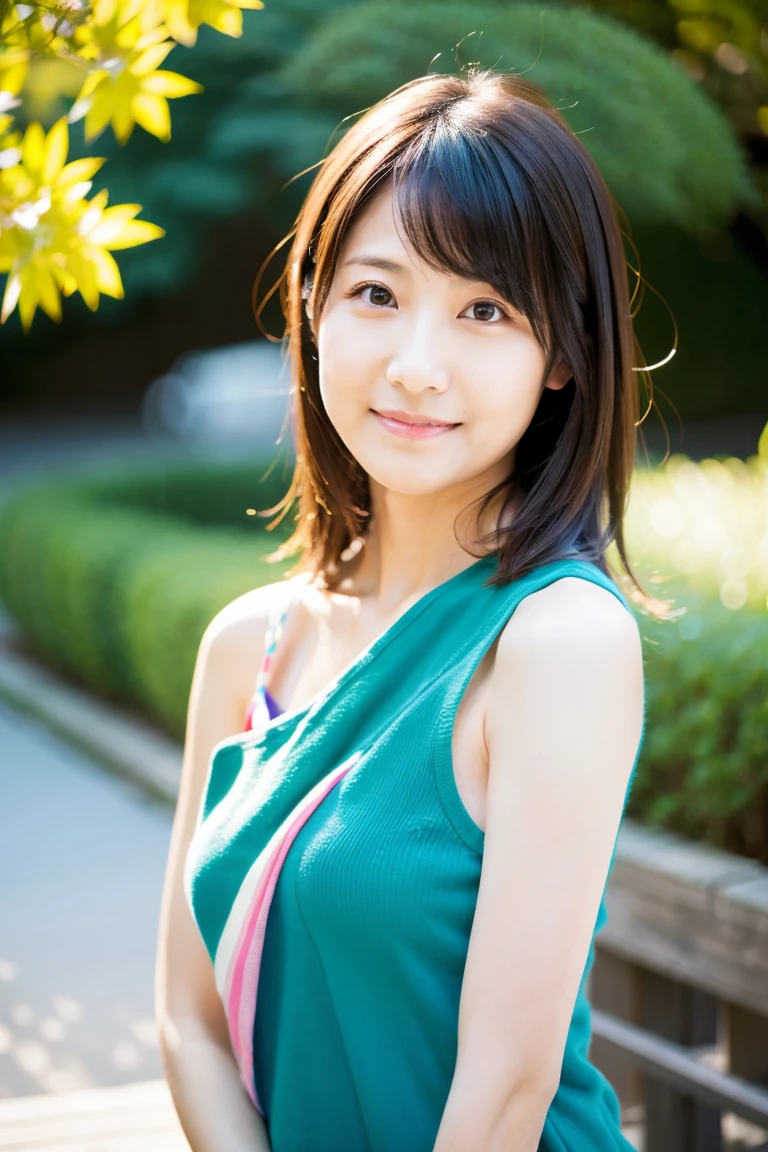 (highest quality,masterpiece:1.3,Ultra-high resolution),(Super detailed,Caustics,8k), (Photorealistic:1.4, RAW shooting),(A forest shrouded in a mysterious, dense fog),Sunlight filtering through the trees ,Light pours down,20-year-old,cute,Are standing,(smile),Looking into the camera,Iris,Short black hair,(Light Blue Dress), (Waist up shot),(Face Focus),Natural light