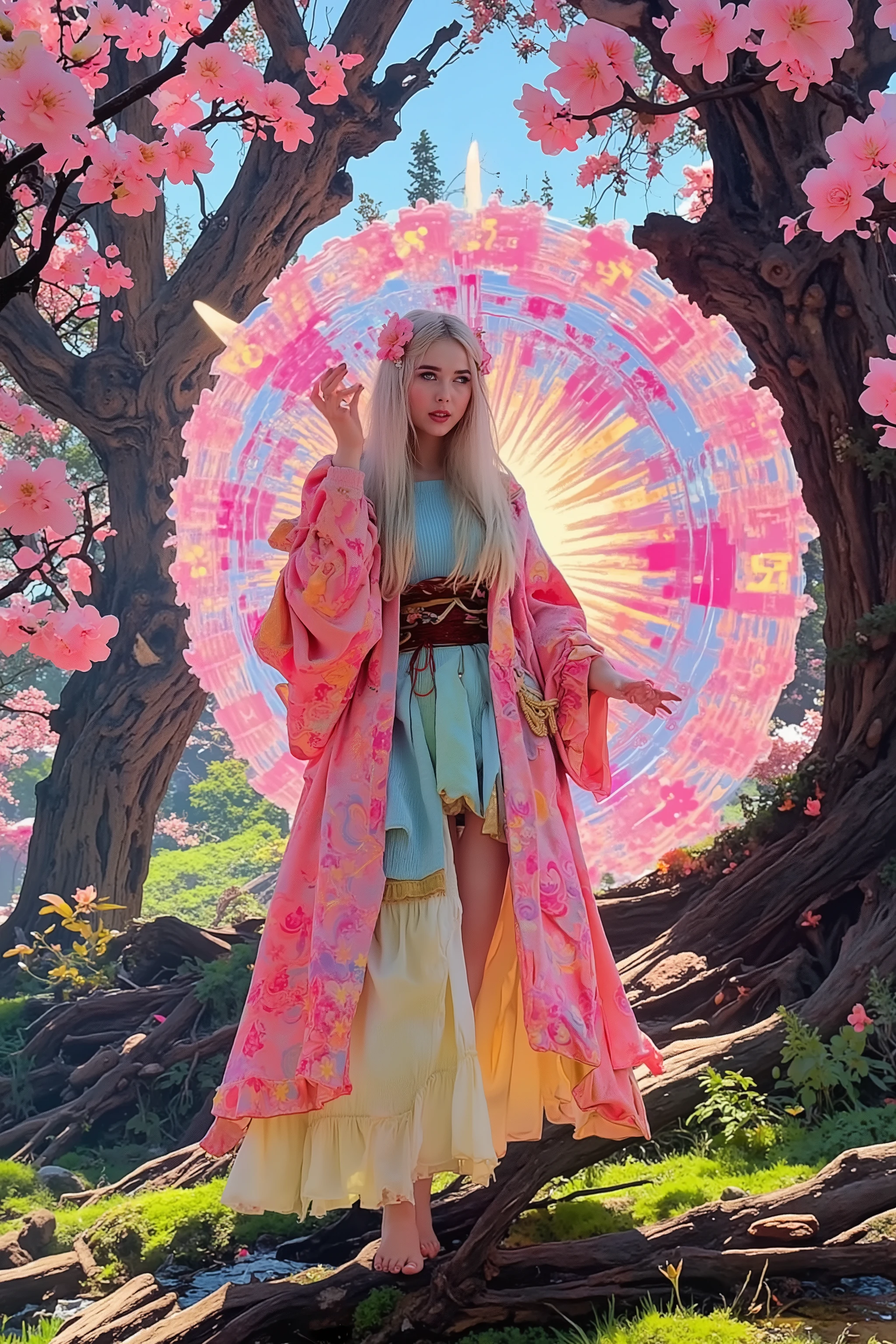 (High fantasy)(Feudal Japan) A Sakura goddess (exquisite kimono made of cherry blossom petals with golden trim, cute, pale white skin, cherry blossom aura, exquisite makeup, bare feet, lovely hair), floats down from the heavens to inspect the blooms in a cherry orchard, her feet do not touch the ground, cherry orchard in full bloom, magical scene, niji art style influence